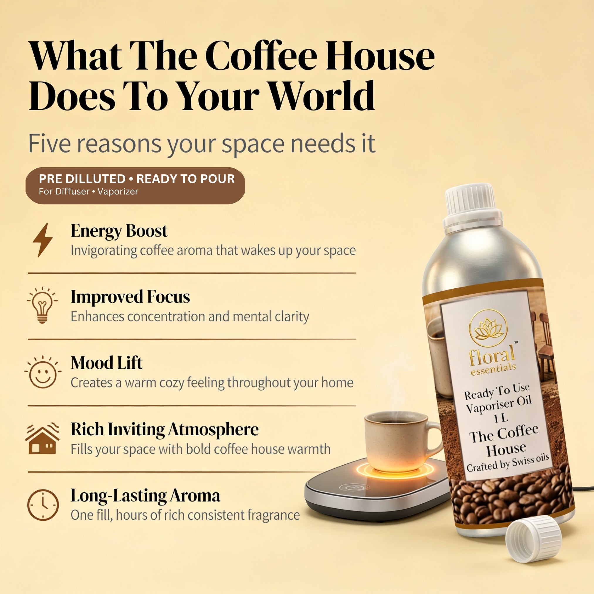 Floral Essentials Coffee House Vaporiser Oil 1L | Ready to Use Aroma Oil