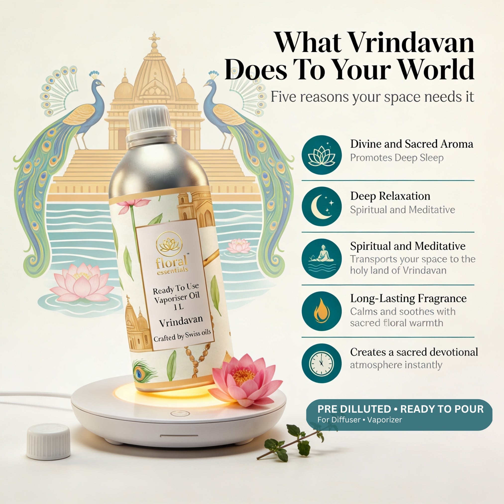 Floral Essentials Vrindavan Vaporiser Oil 1L | Ready to Use Aroma Oil