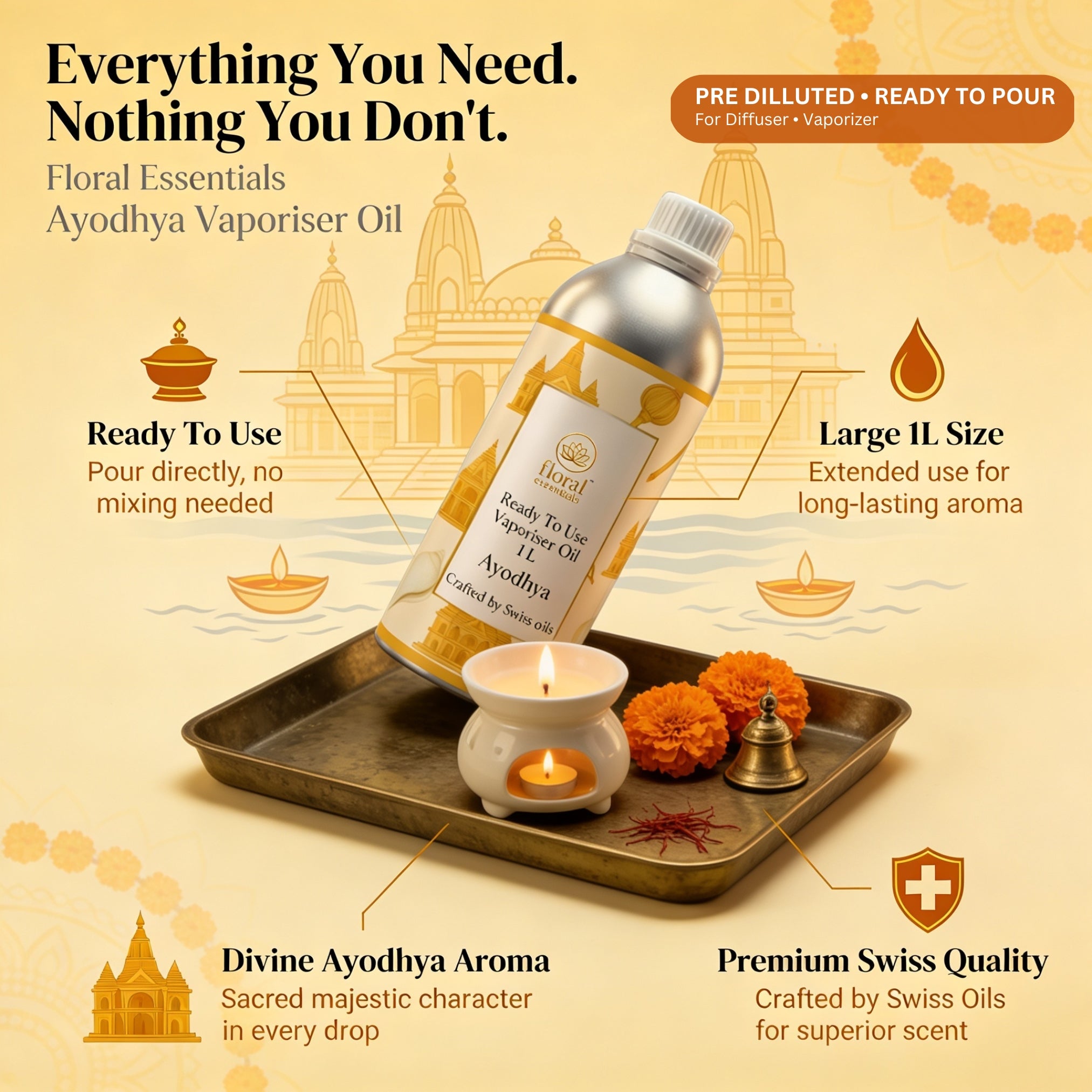 Floral Essentials Ayodhya Vaporiser Oil 1L | Ready to Use Aroma Oil