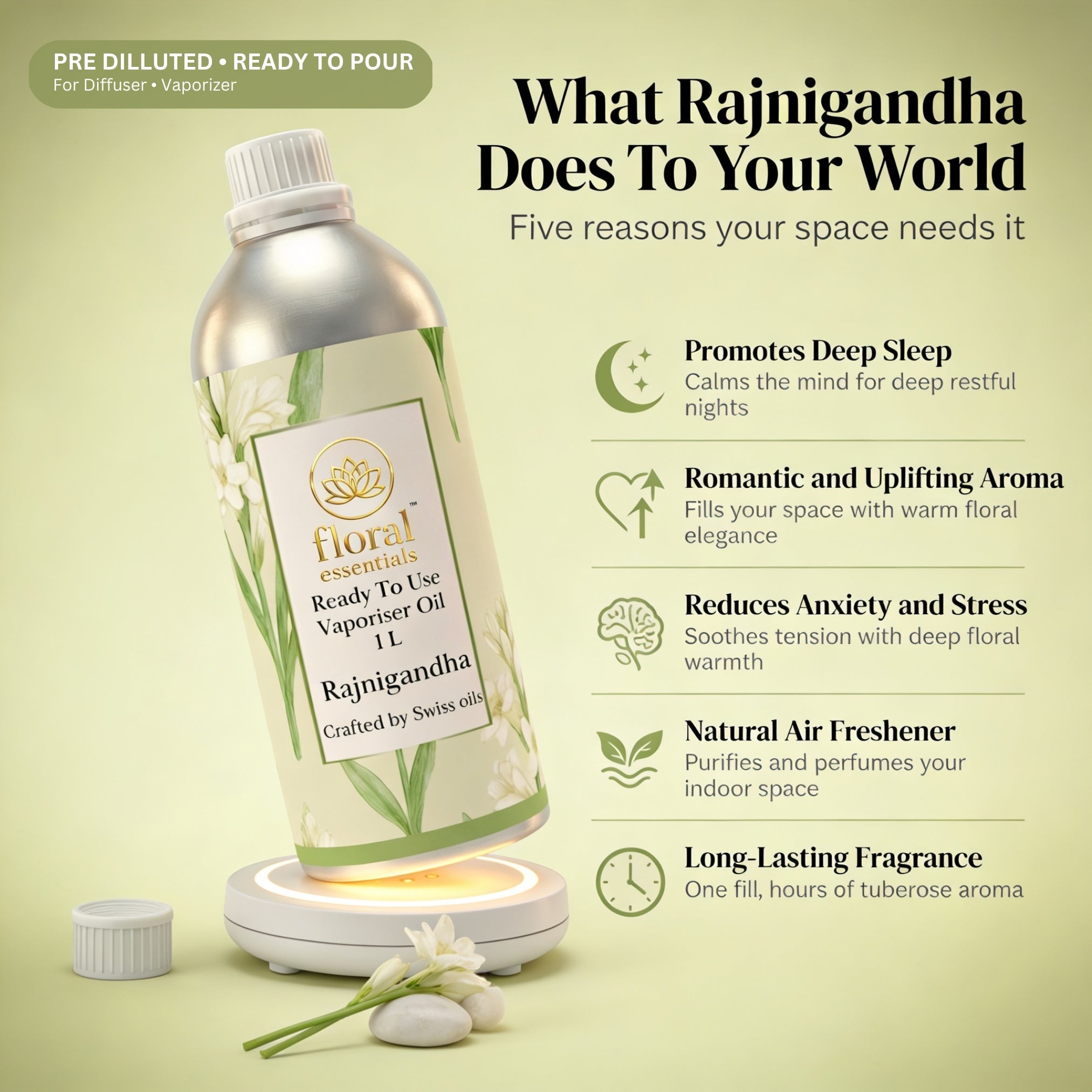 Floral Essentials Rajnigandha Vaporiser Oil 1L | Ready to Use Aroma Oil
