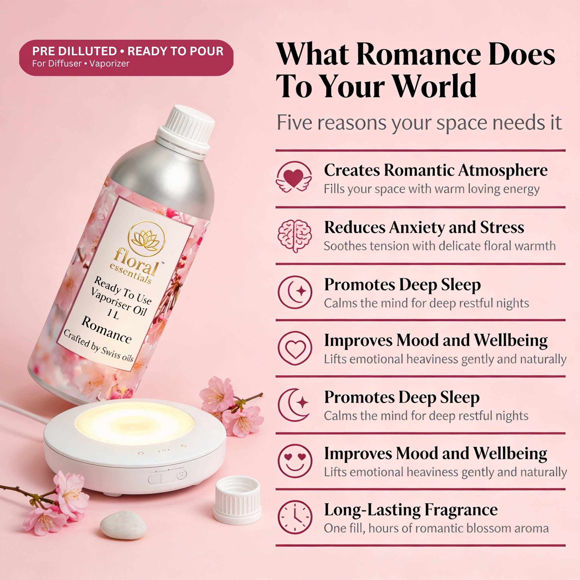 Floral Essentials Romance Vaporiser Oil 1L | Ready to Use Aroma Oil