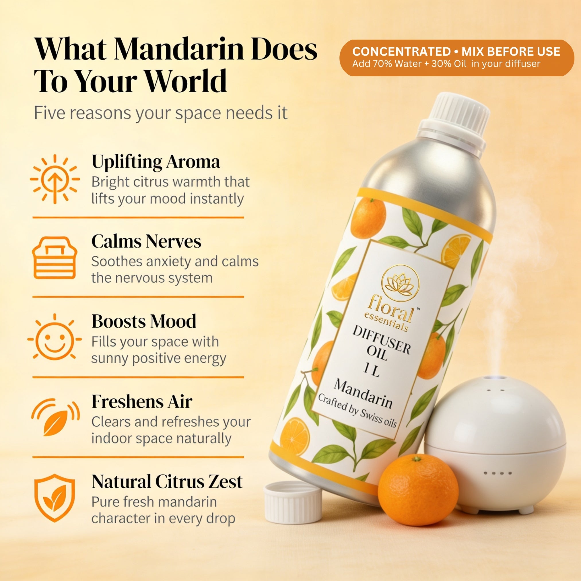 Floral Essentials Mandarin Diffuser Oil 1L | Bright Citrus Aroma Oil for Diffusers