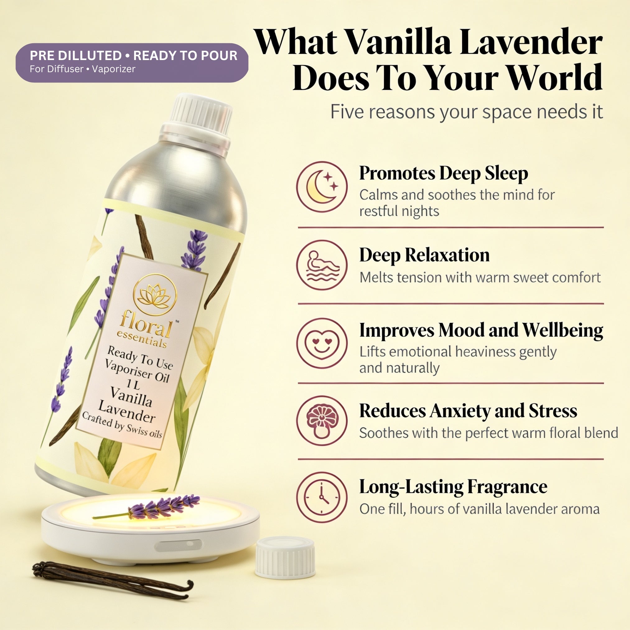 Floral Essentials Vanilla Lavender Vaporiser Oil 1L | Ready to Use Aroma Oil