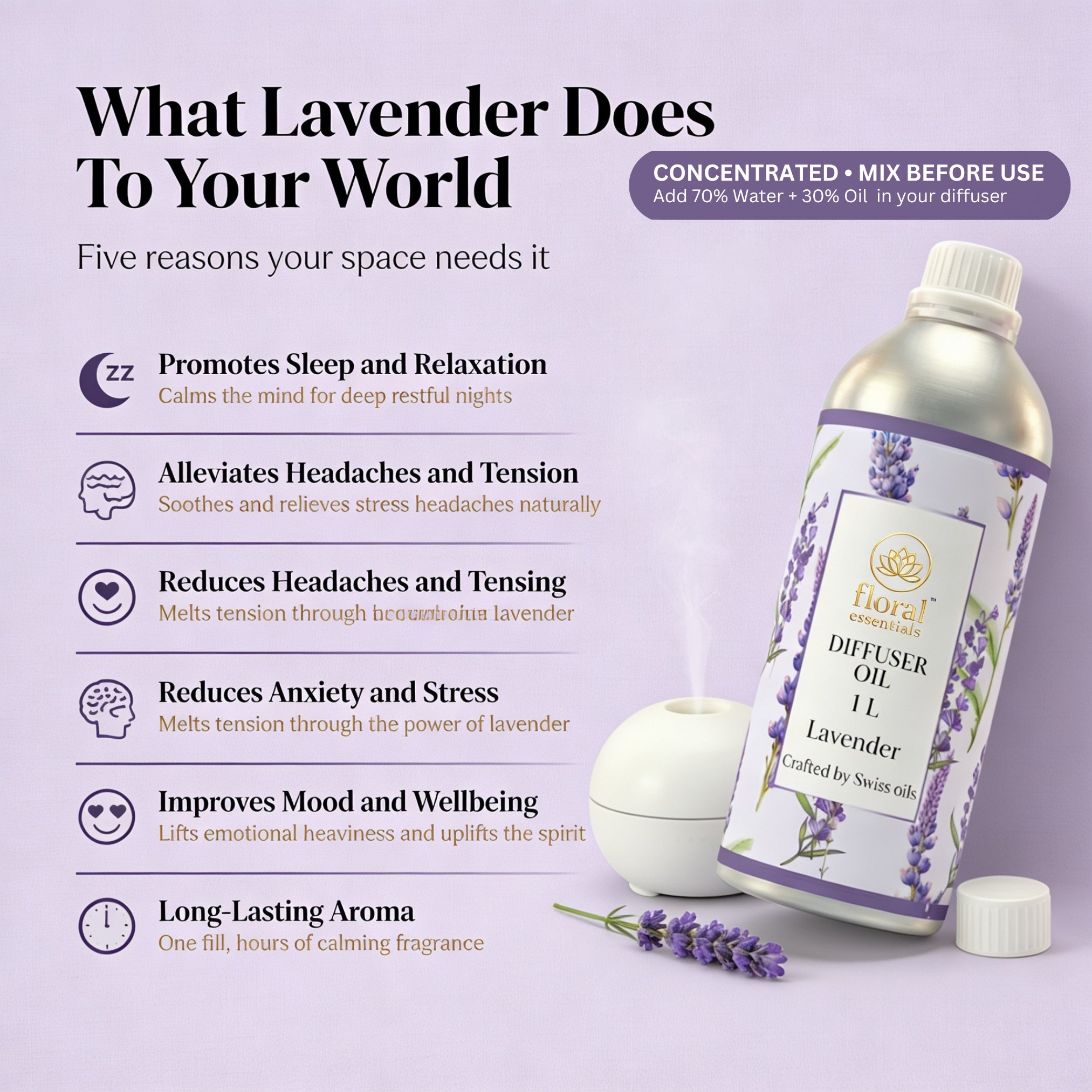 Floral Essentials Lavender Diffuser Oil 1L | Aroma Oil for Reed, Ultrasonic & Electric Diffusers