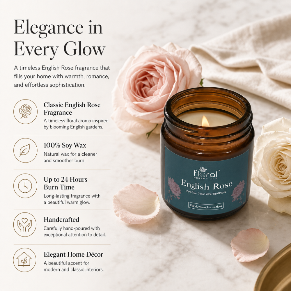 Floral Essentials English Rose Soy Wax Candle | 24 Hours Burn Time