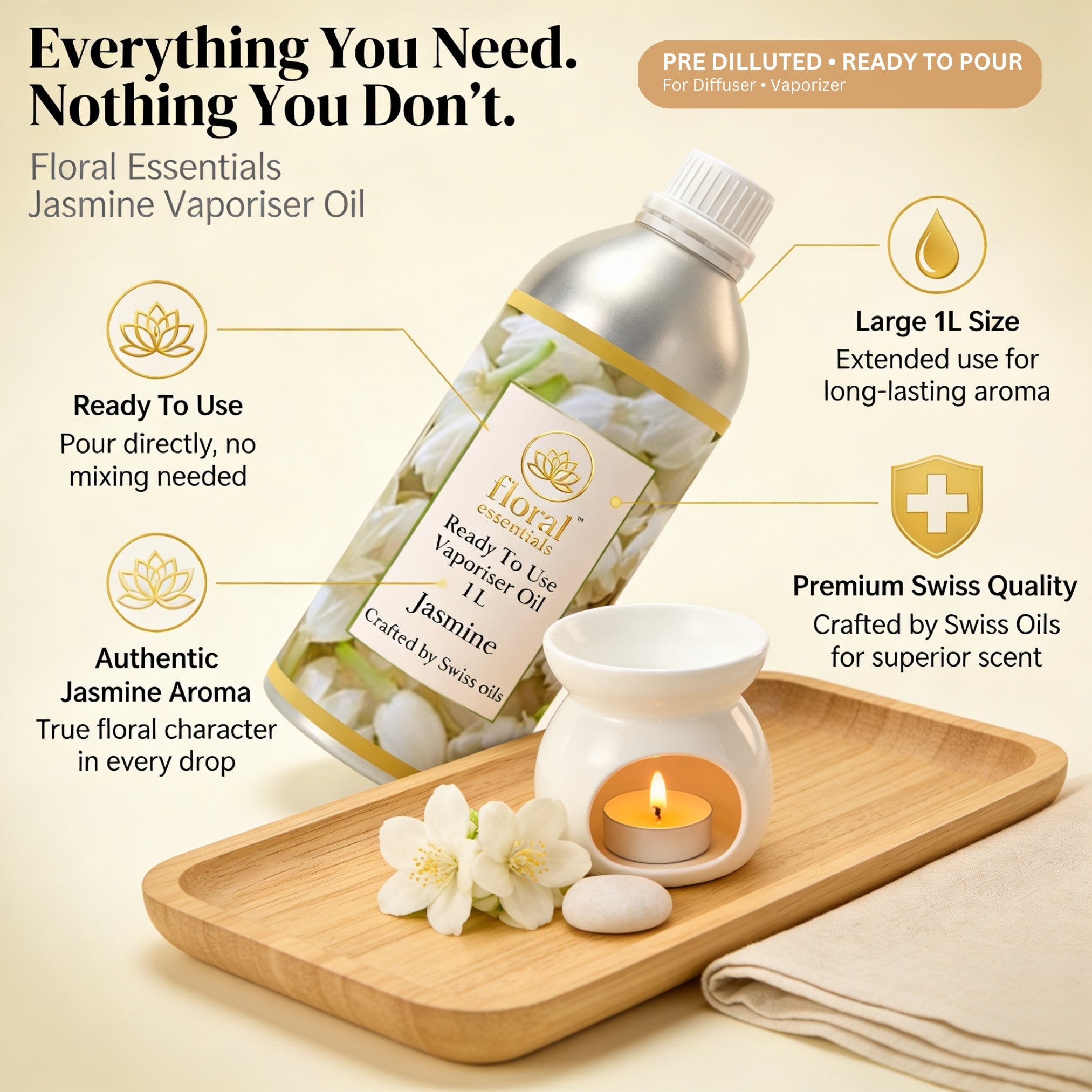 Floral Essentials Jasmine Vaporiser Oil 1L | Ready to Use Aroma Oil