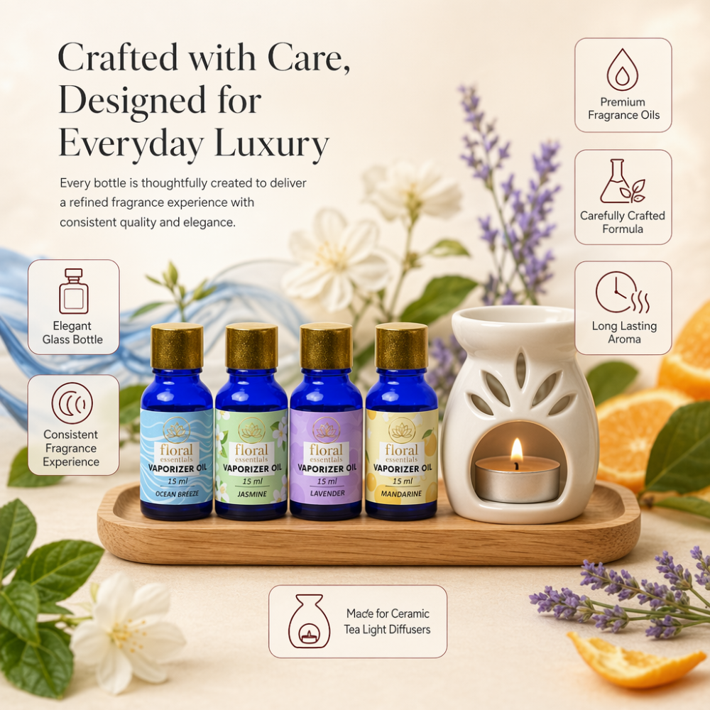 Floral Essentials 4-Pack 15ml Vaporiser Oils | Ocean Breeze, Jasmine, Lavender & Mandarin