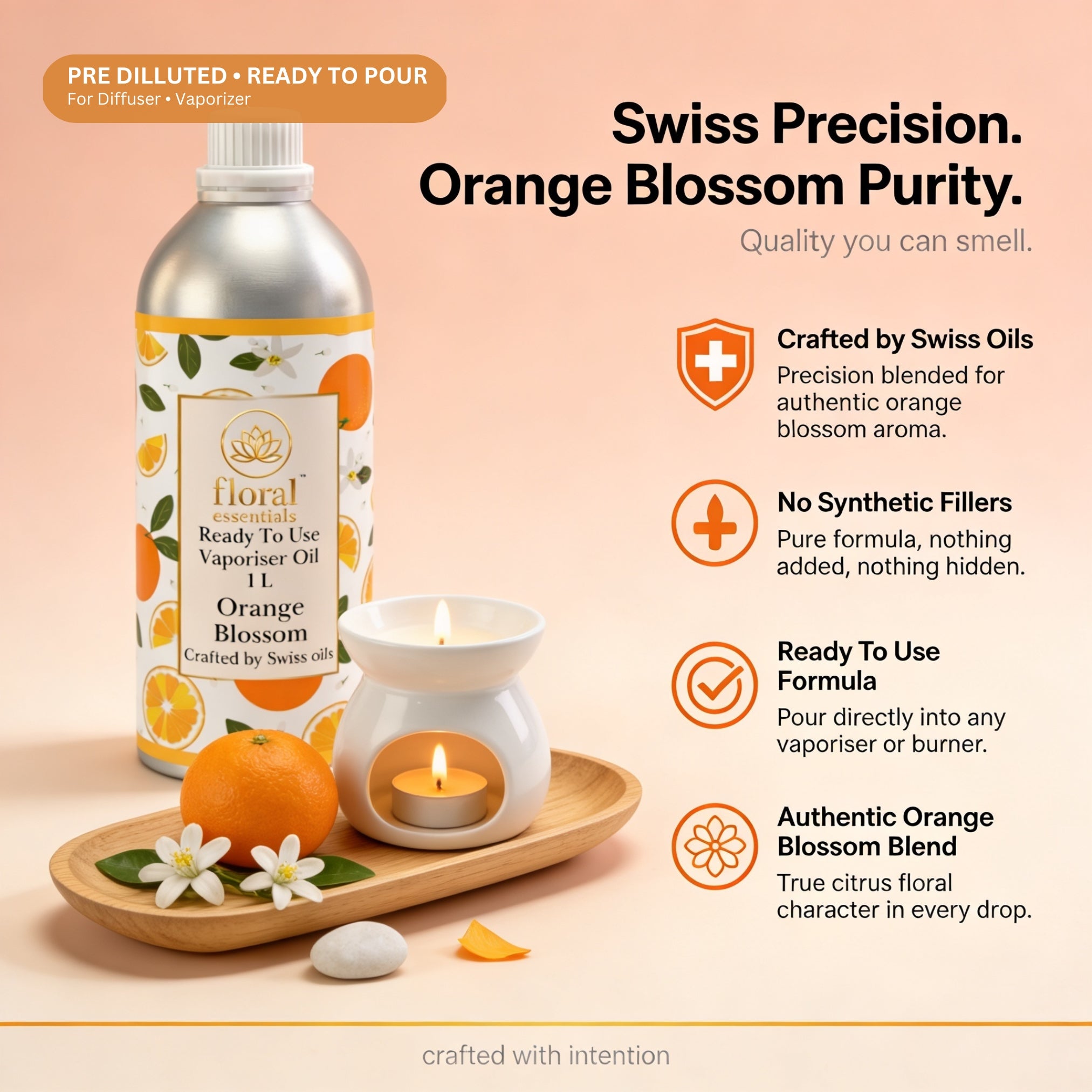 Floral Essentials Orange Blossom Vaporiser Oil 1L | Ready to Use Aroma Oil