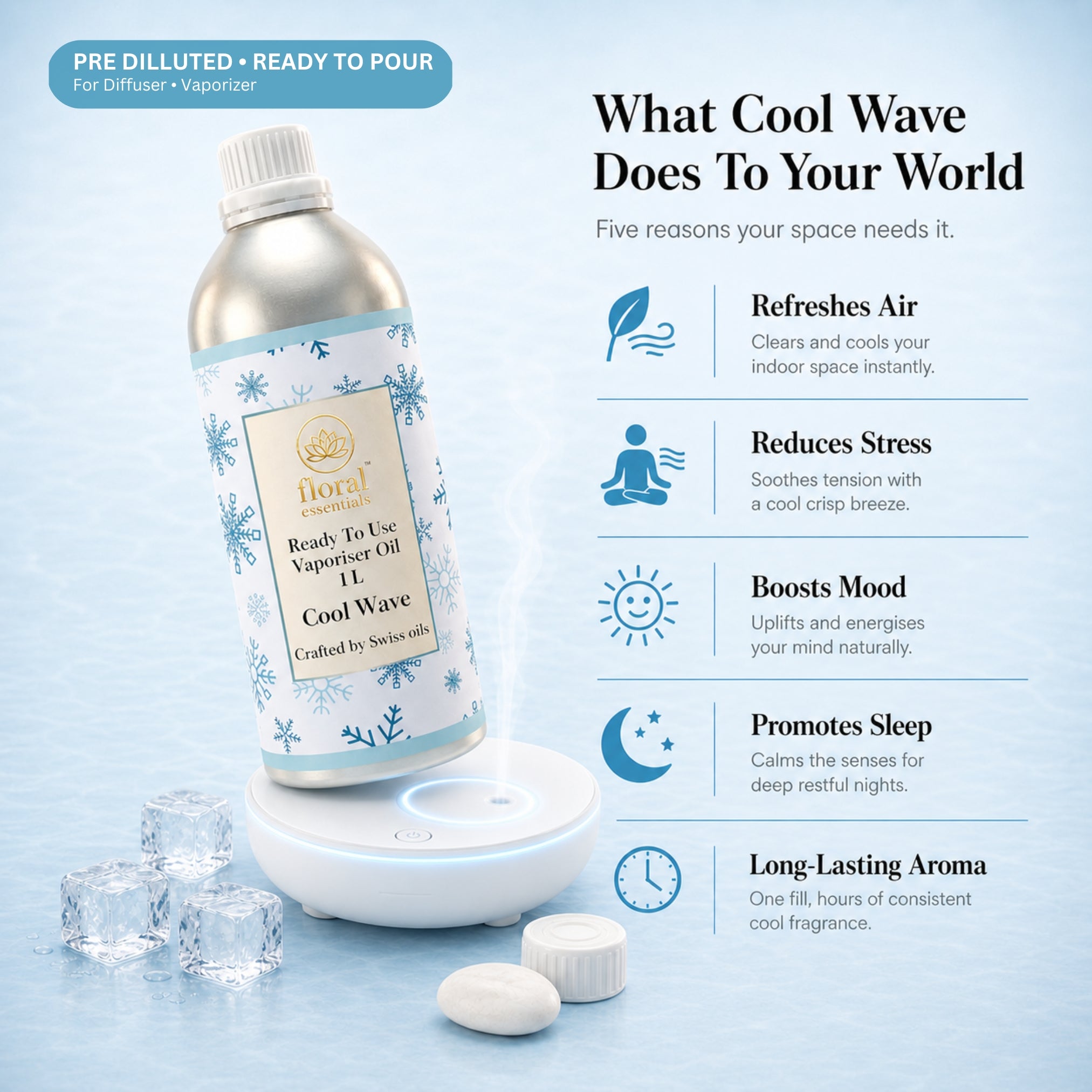 Floral Essentials Cool Wave Vaporiser Oil 1L | Ready to Use Aroma Oil