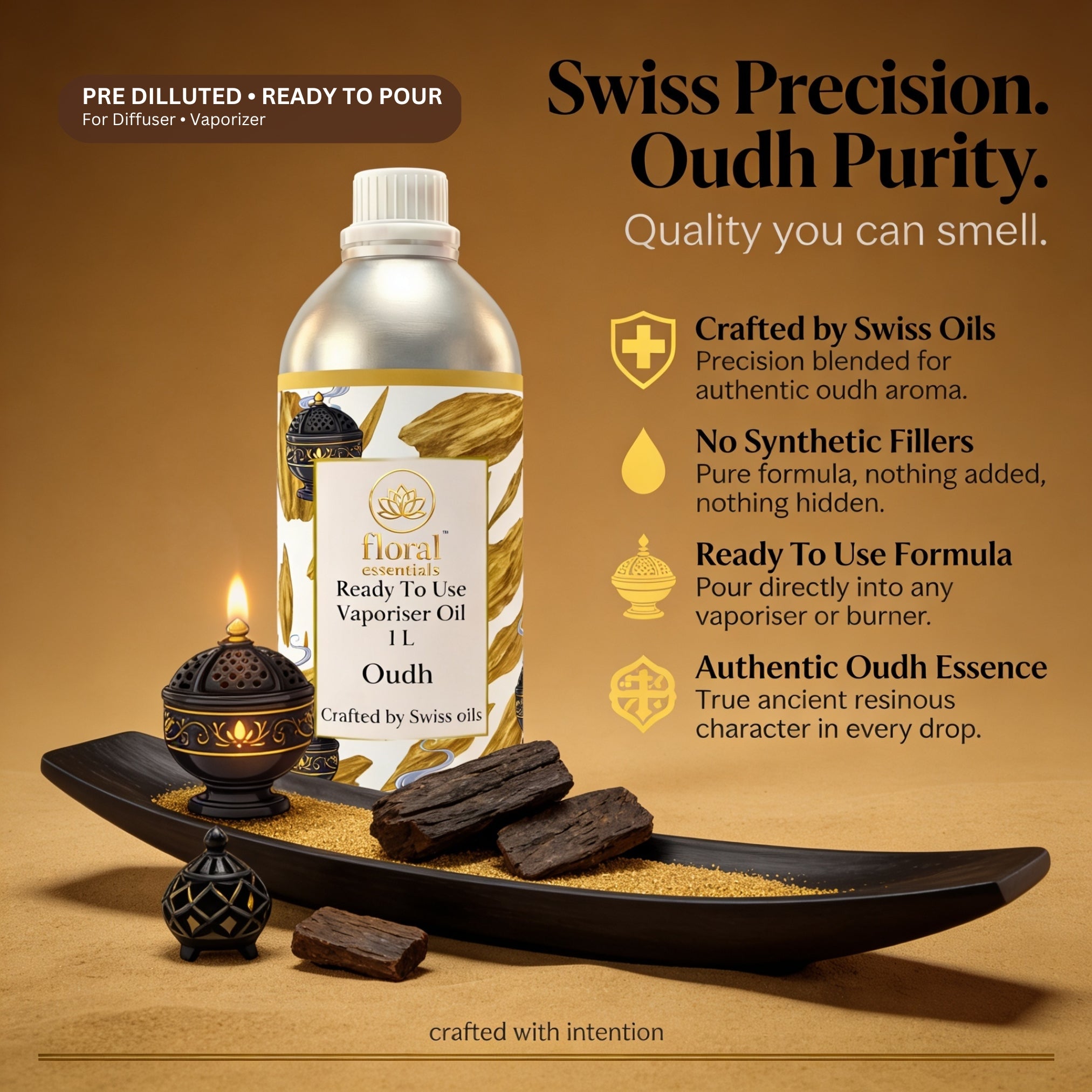 Floral Essentials Oudh Vaporiser Oil 1L | Ready to Use Aroma Oil