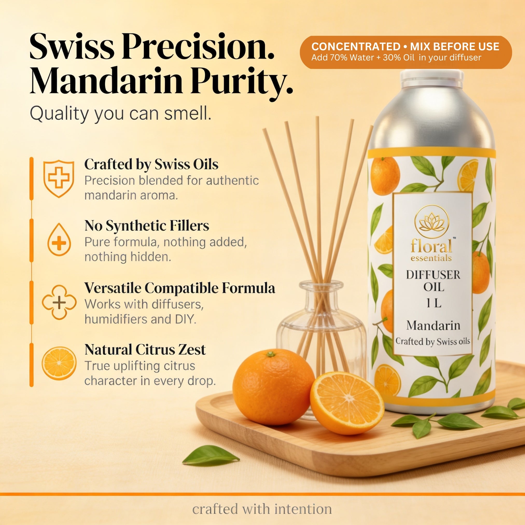 Floral Essentials Mandarin Diffuser Oil 1L | Bright Citrus Aroma Oil for Diffusers