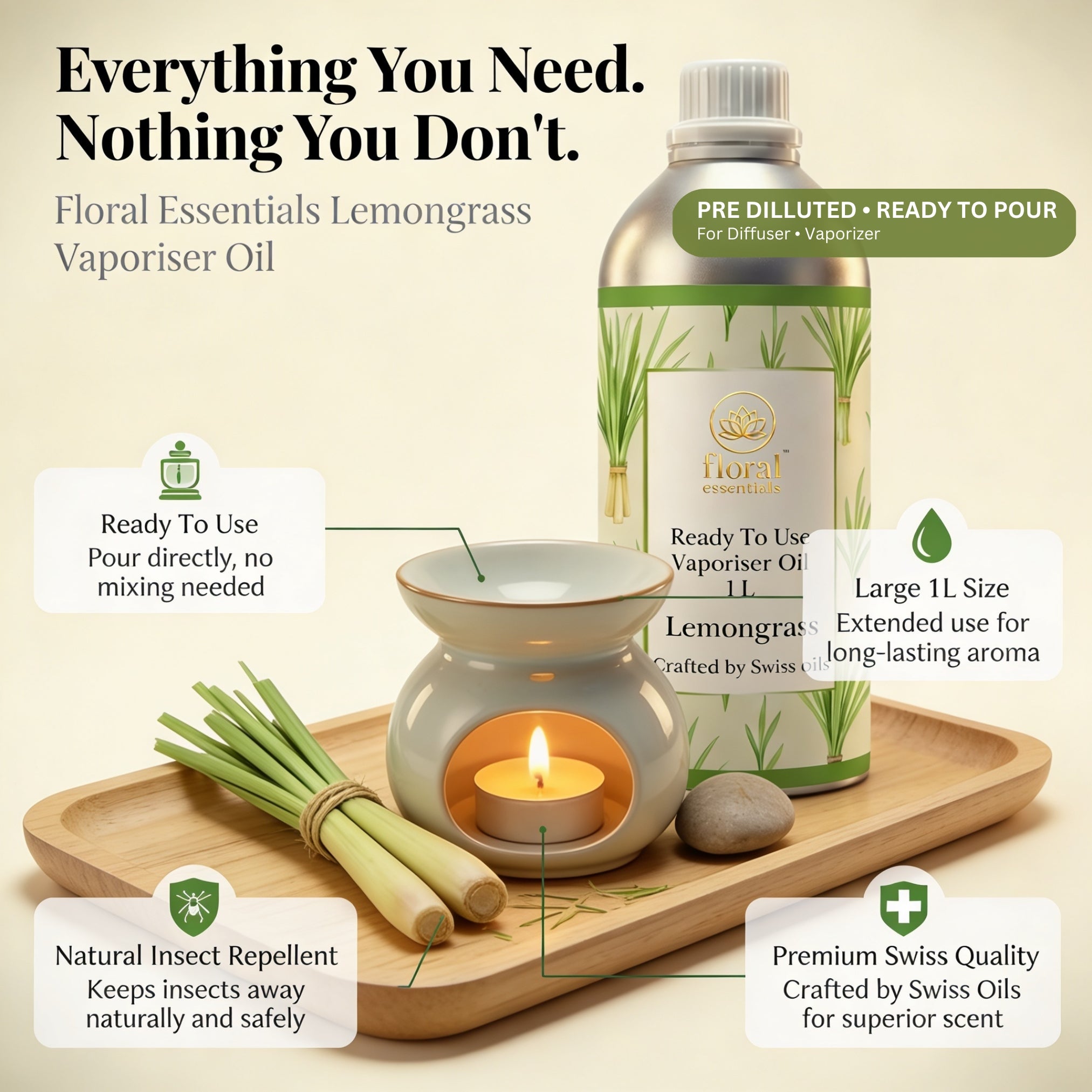 Floral Essentials Lemongrass Vaporiser Oil 1L | Ready to Use Aroma Oil