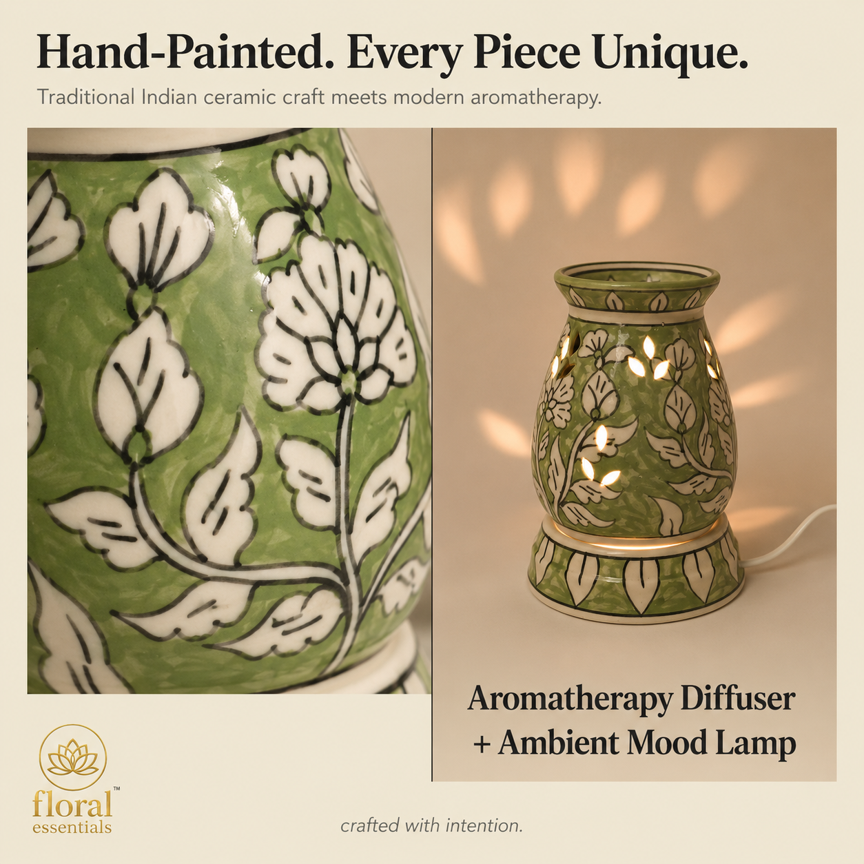 Floral Essentials Ceramic Electric Diffuser | Aroma Oil Burner | Elegant Minimal Design