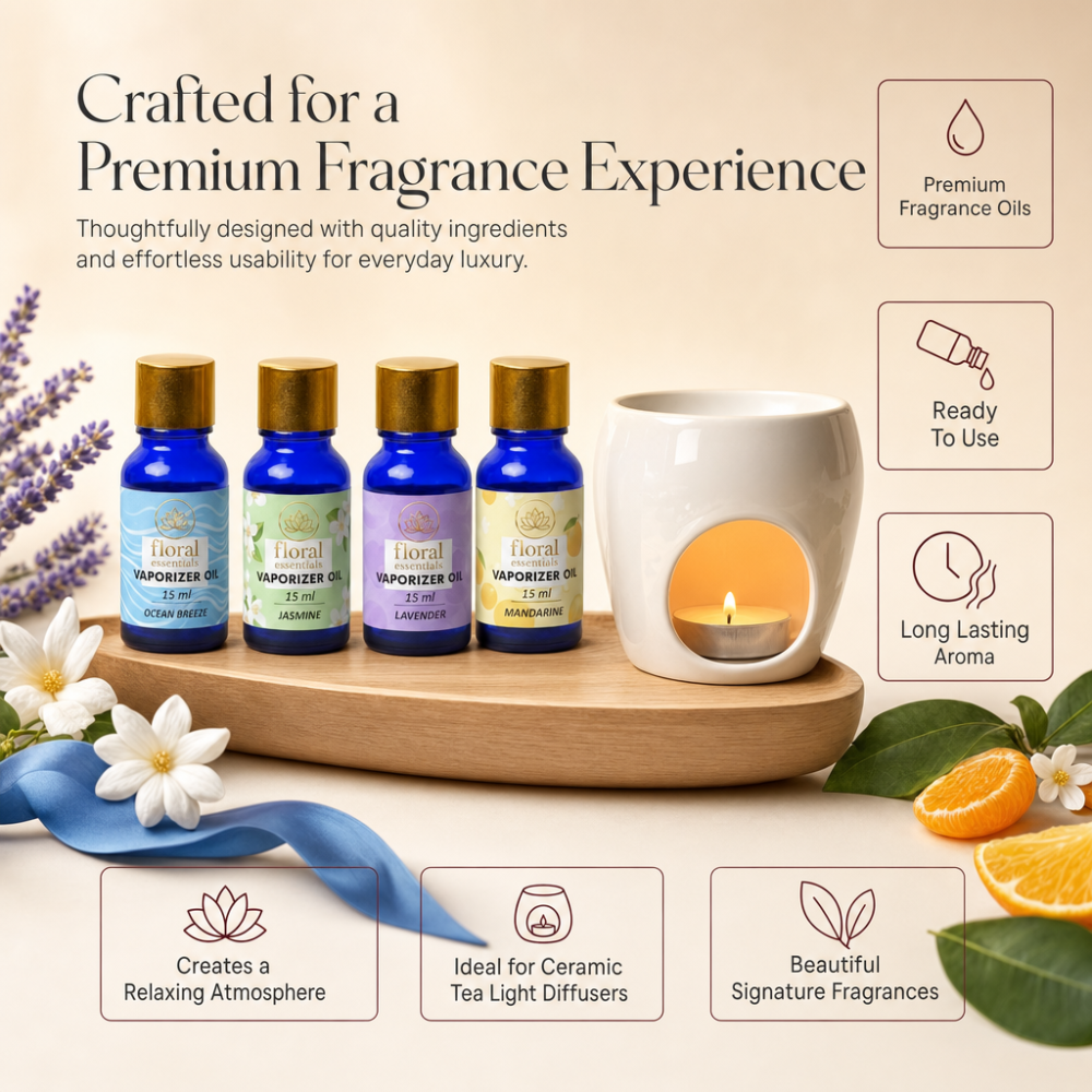 Floral Essentials 4-Pack 15ml Vaporiser Oils | Ocean Breeze, Jasmine, Lavender & Mandarin