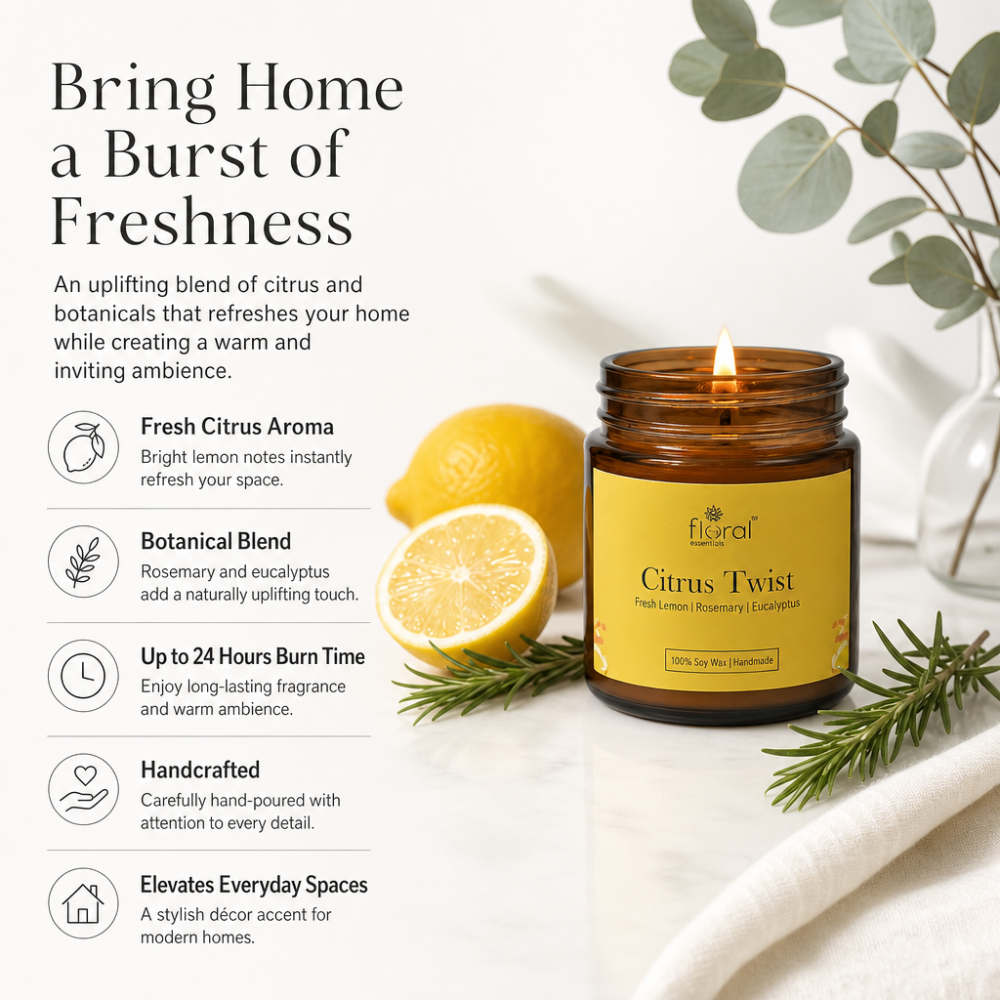 Floral Essentials Citrus Twist Soy Wax Candle | 24 Hours Burn Time