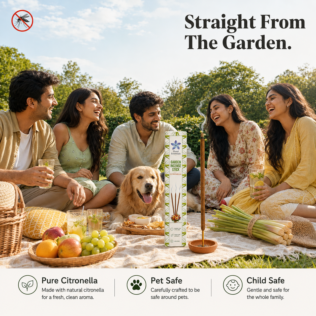 Floral Essentials Citronella Mosquito Repellent Agarbatti | Herbal Outdoor Incense Sticks