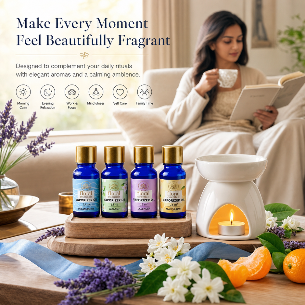 Floral Essentials 4-Pack 15ml Vaporiser Oils | Ocean Breeze, Jasmine, Lavender & Mandarin