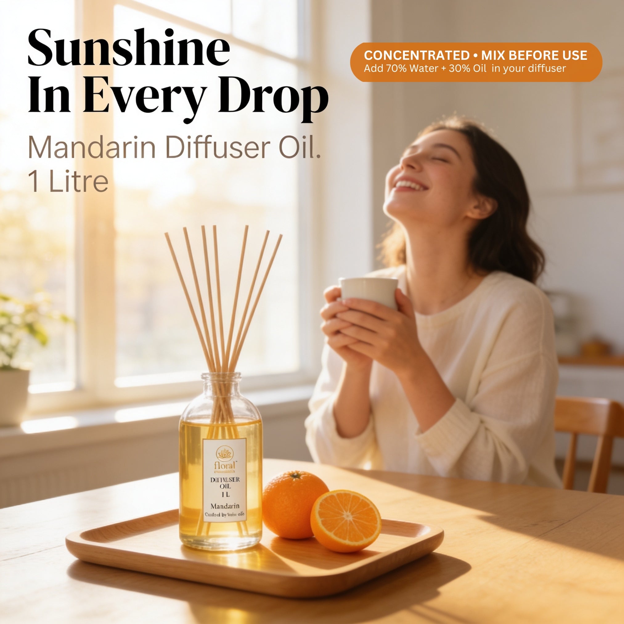 Floral Essentials Mandarin Diffuser Oil 1L | Bright Citrus Aroma Oil for Diffusers