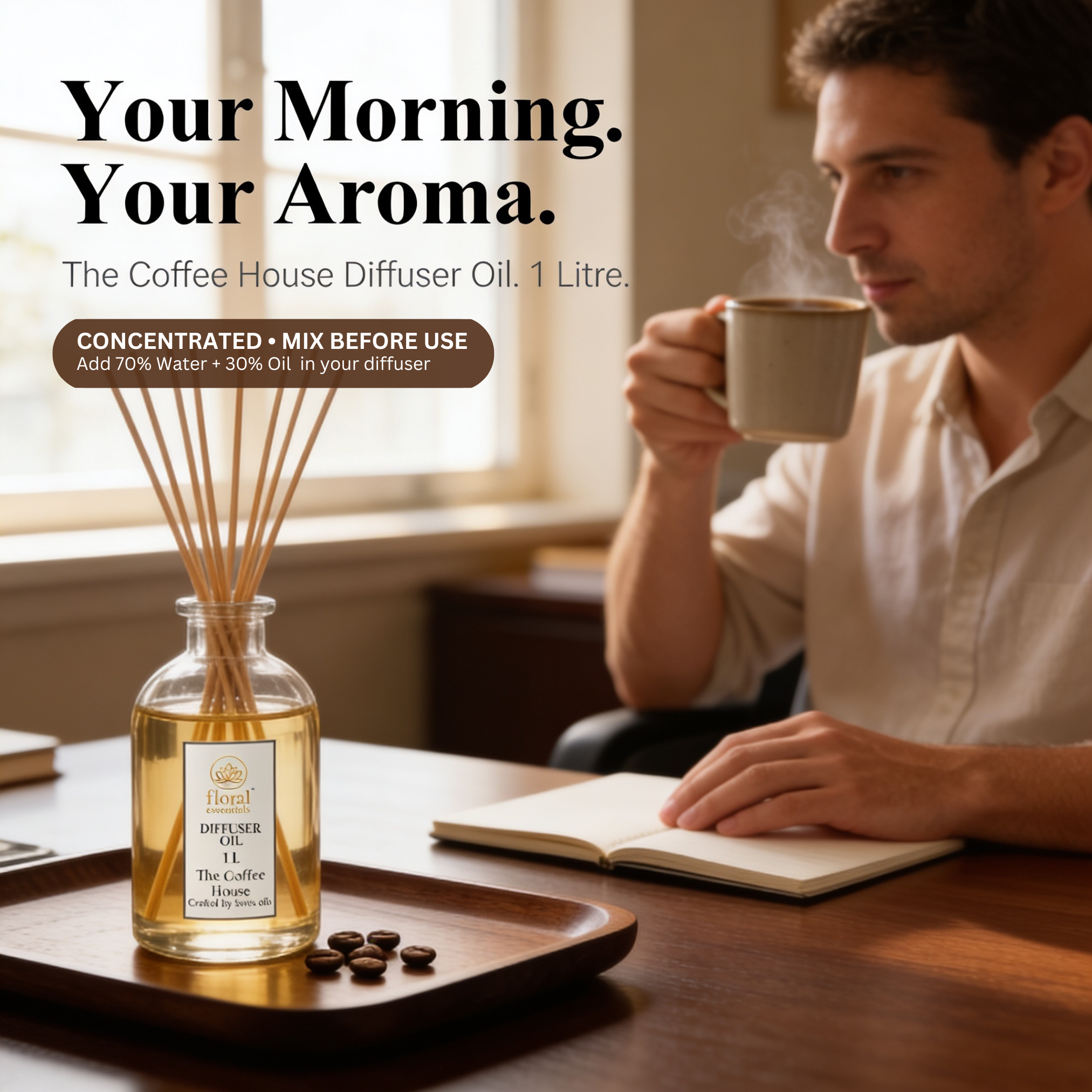 Floral Essentials The Coffee House Diffuser Oil 1L | Warm Coffee Aroma Oil for Diffusers