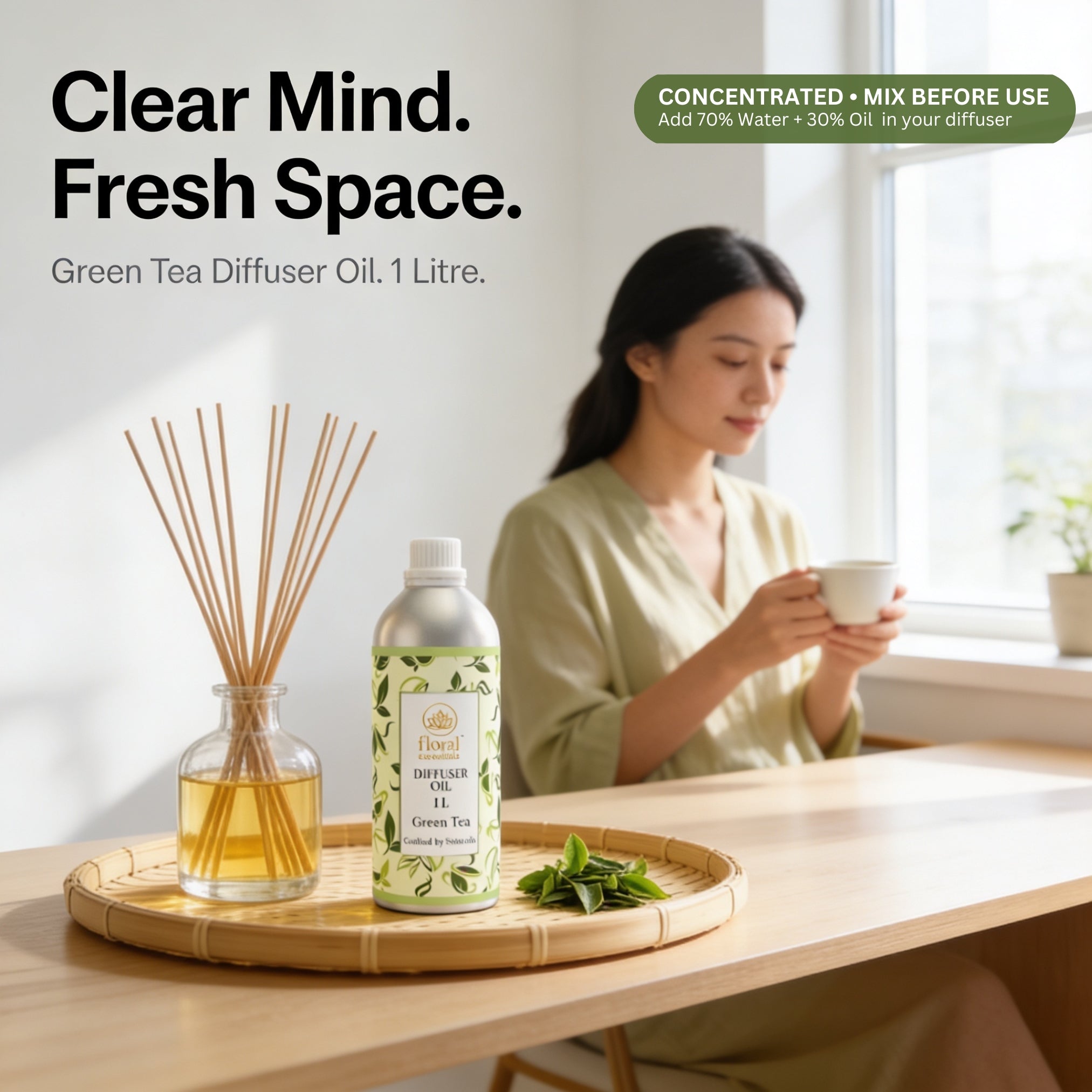 Floral Essentials Green Tea Diffuser Oil 1L | Fresh Herbal Aroma Oil for Diffusers