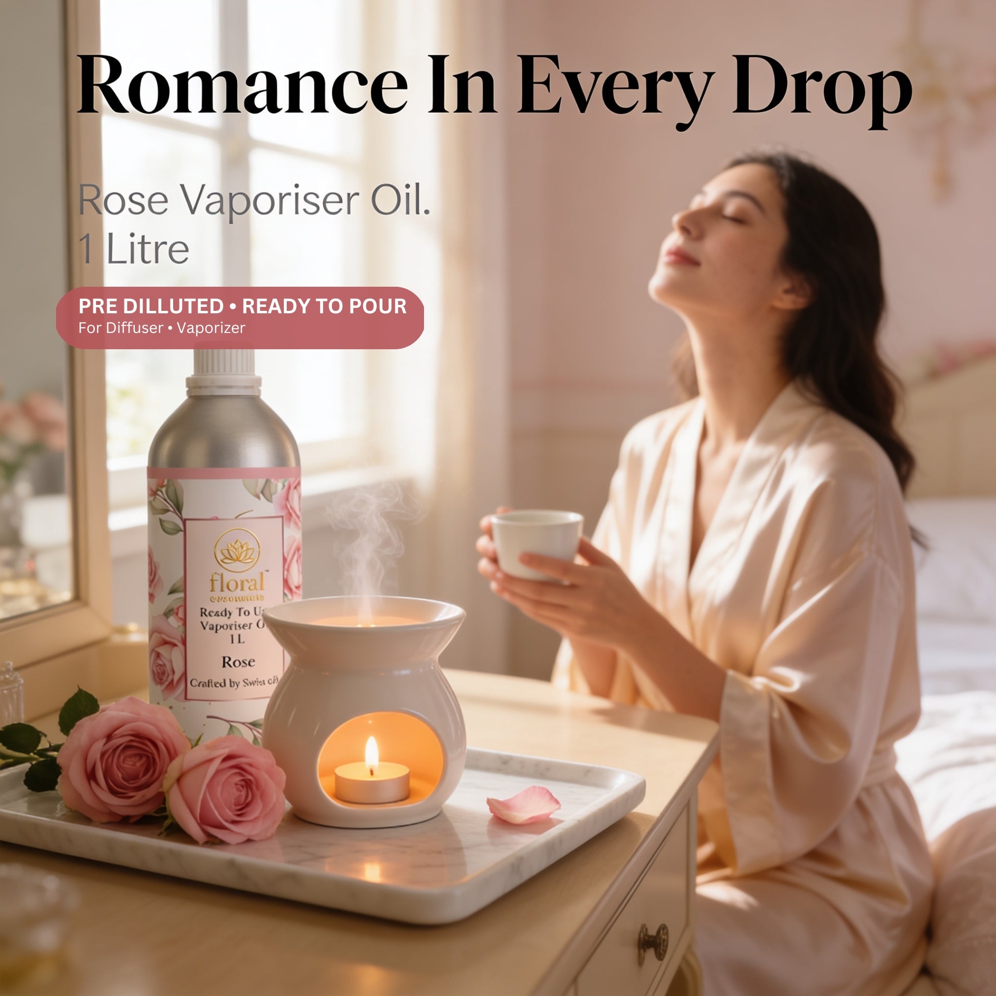 Floral Essentials Rose Vaporiser Oil 1L | Ready to Use Aroma Oil