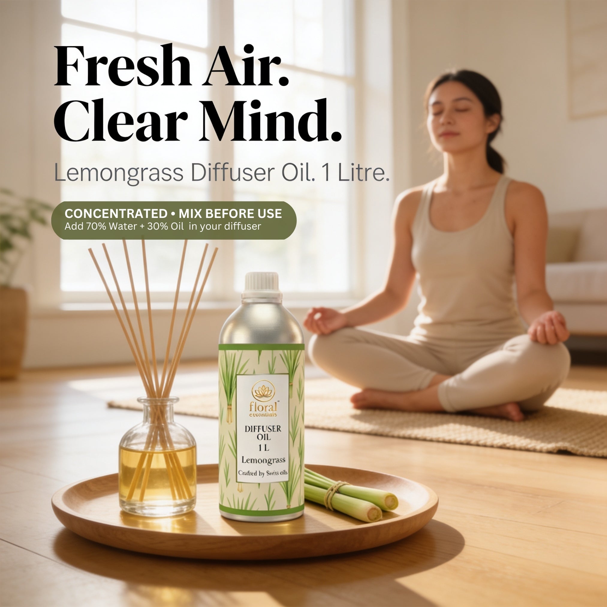 Floral Essentials Lemongrass Diffuser Oil 1L | Premium Aroma Oil for Electric Diffusers & Humidifiers