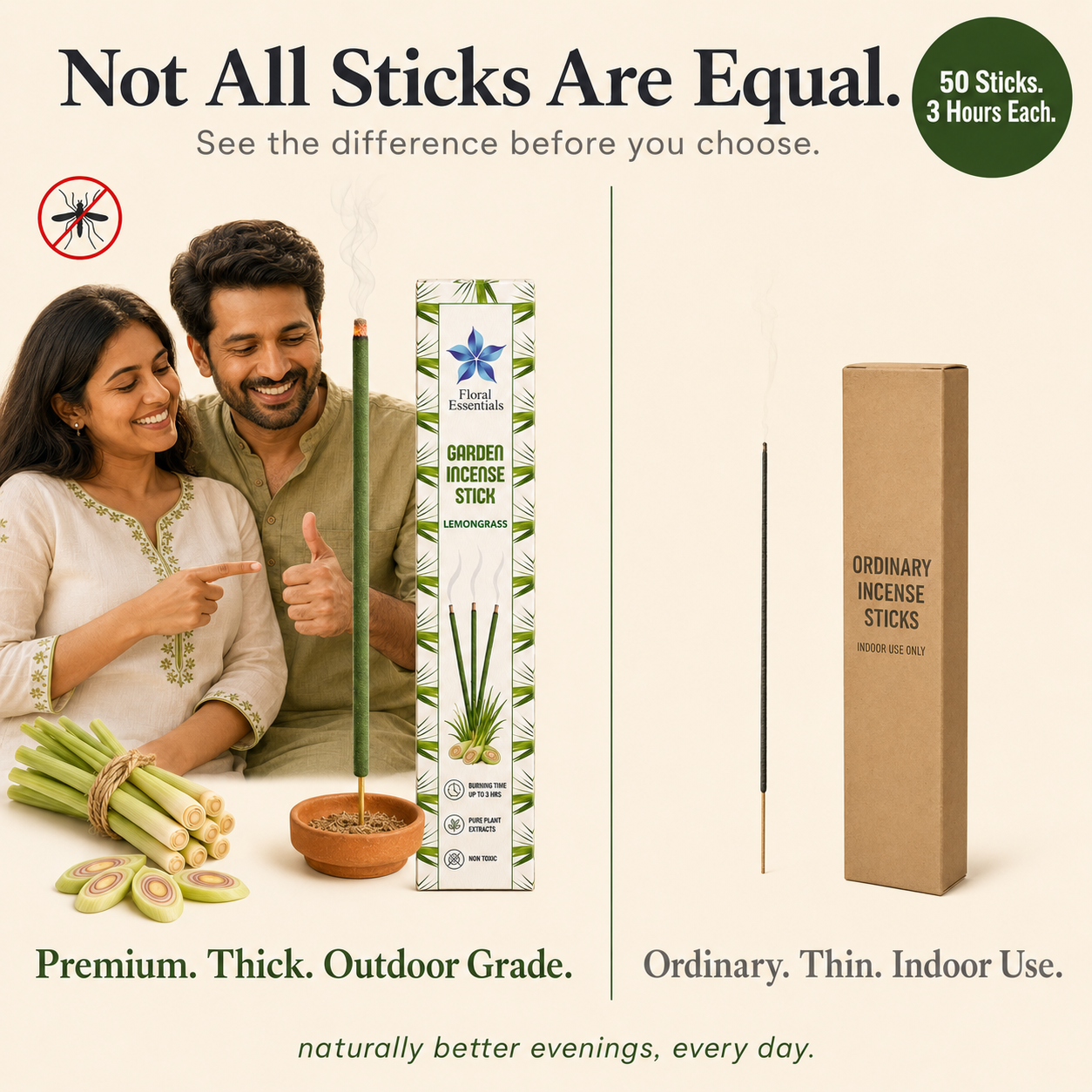 Floral Essentials Lemongrass Mosquito Repellent Incense Sticks | Herbal Outdoor Agarbatti