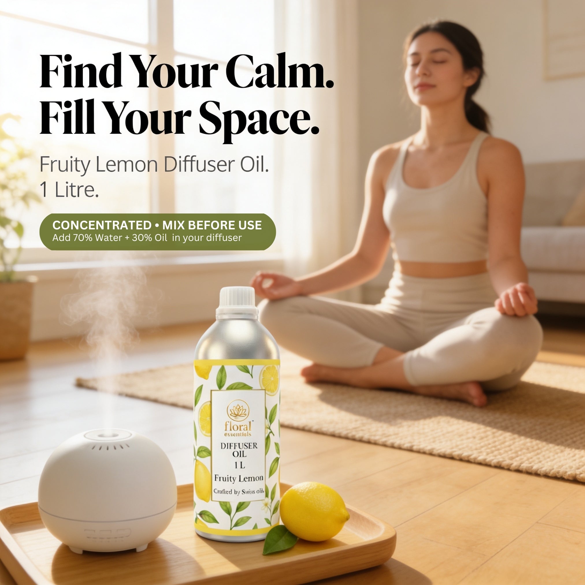 Floral Essentials Fruity Lemon Diffuser Oil 1L | Fresh Citrus Aroma Oil for Diffusers