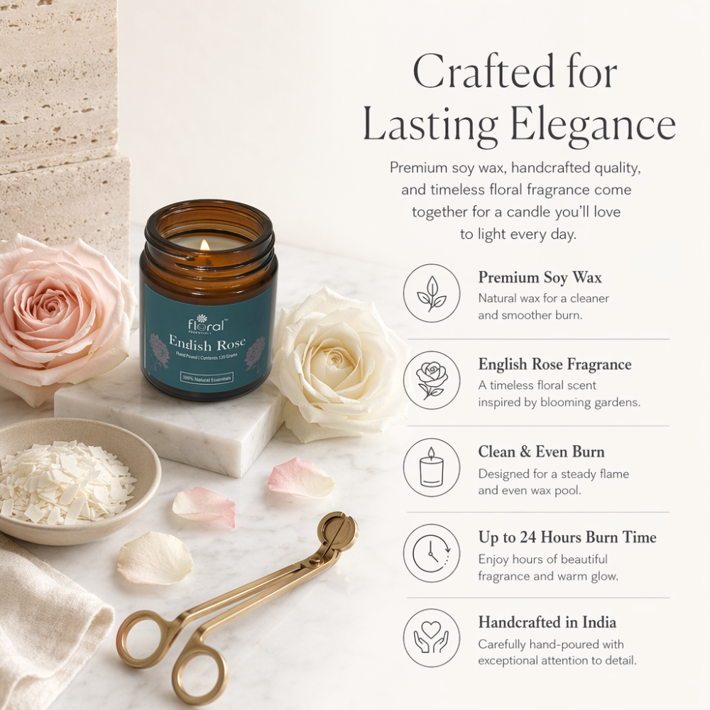 Floral Essentials English Rose Soy Wax Candle | 24 Hours Burn Time