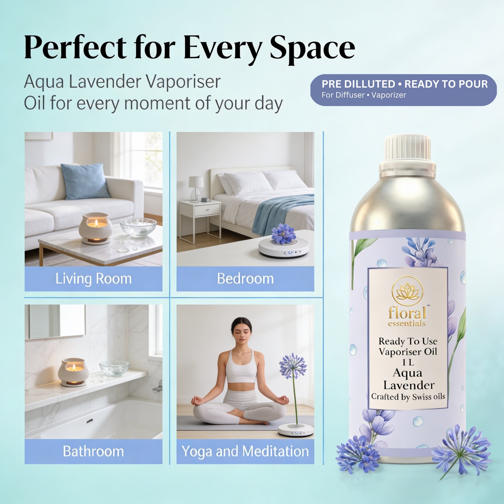 Floral Essentials Aqua Lavender Vaporiser Oil 1L | Ready to Use Aroma Oil