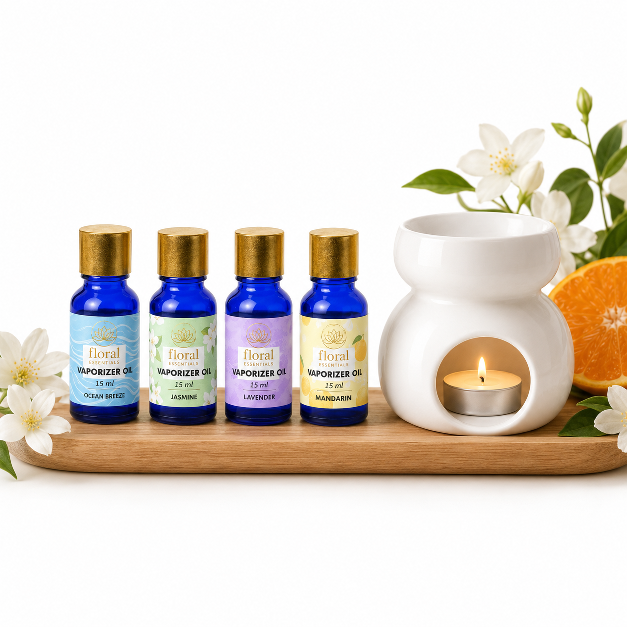 Floral Essentials 4-Pack 15ml Vaporiser Oils | Ocean Breeze, Jasmine, Lavender & Mandarin