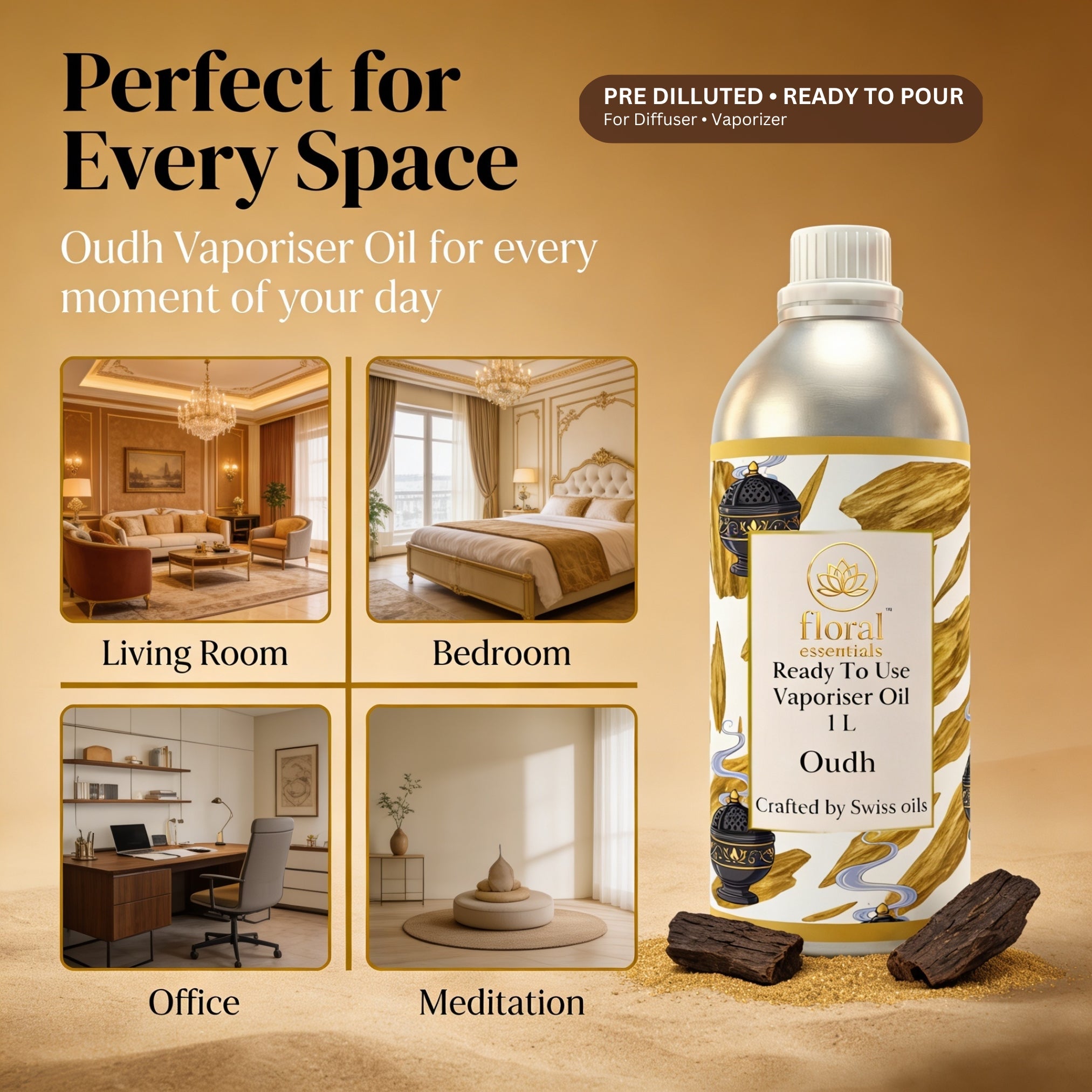 Floral Essentials Oudh Vaporiser Oil 1L | Ready to Use Aroma Oil