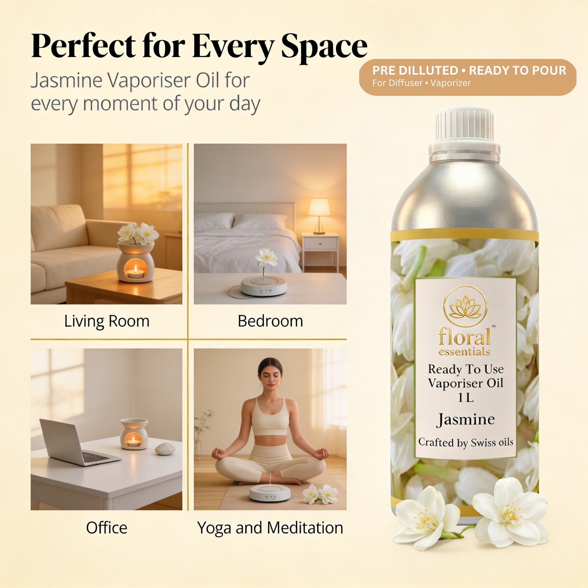 Floral Essentials Jasmine Vaporiser Oil 1L | Ready to Use Aroma Oil