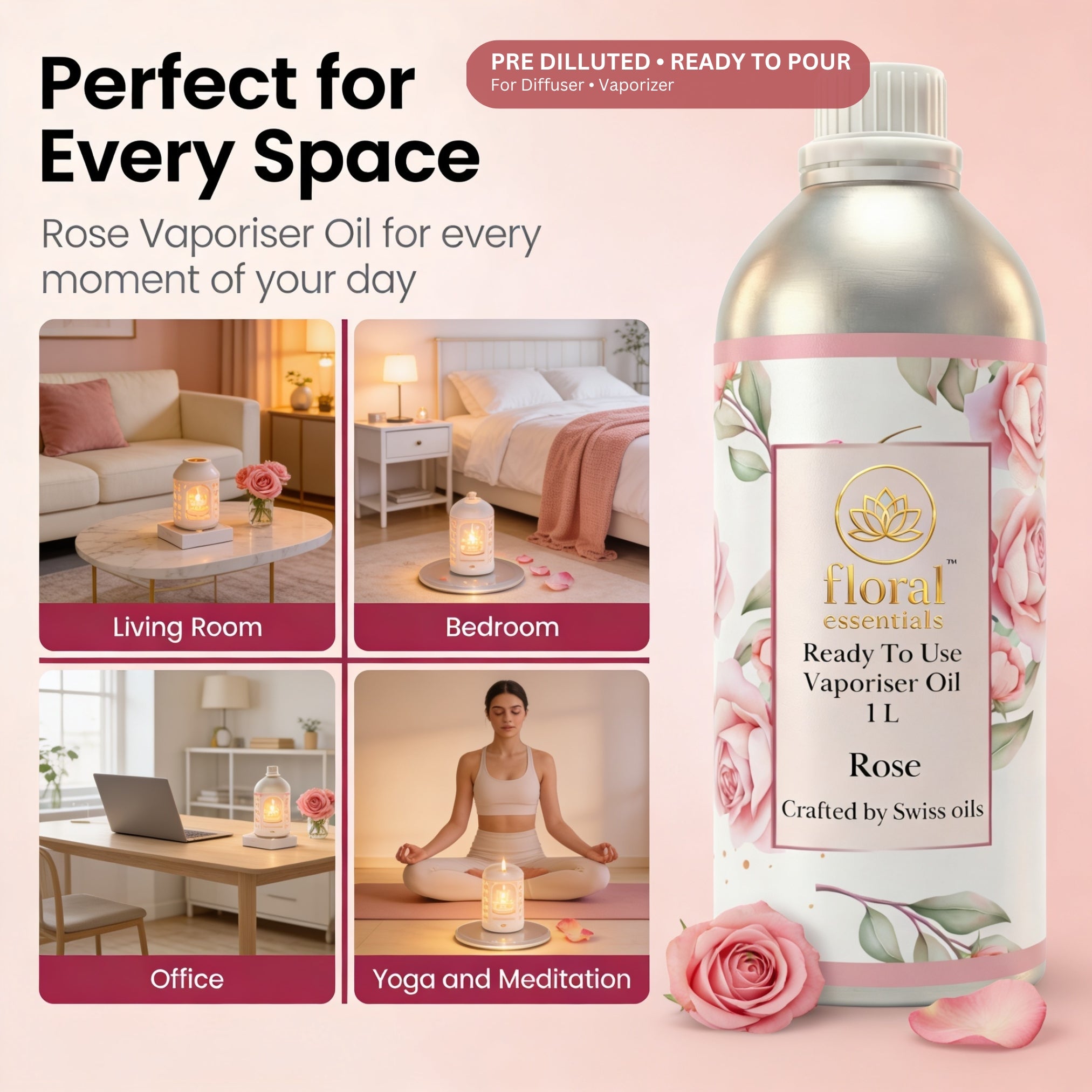 Floral Essentials Rose Vaporiser Oil 1L | Ready to Use Aroma Oil