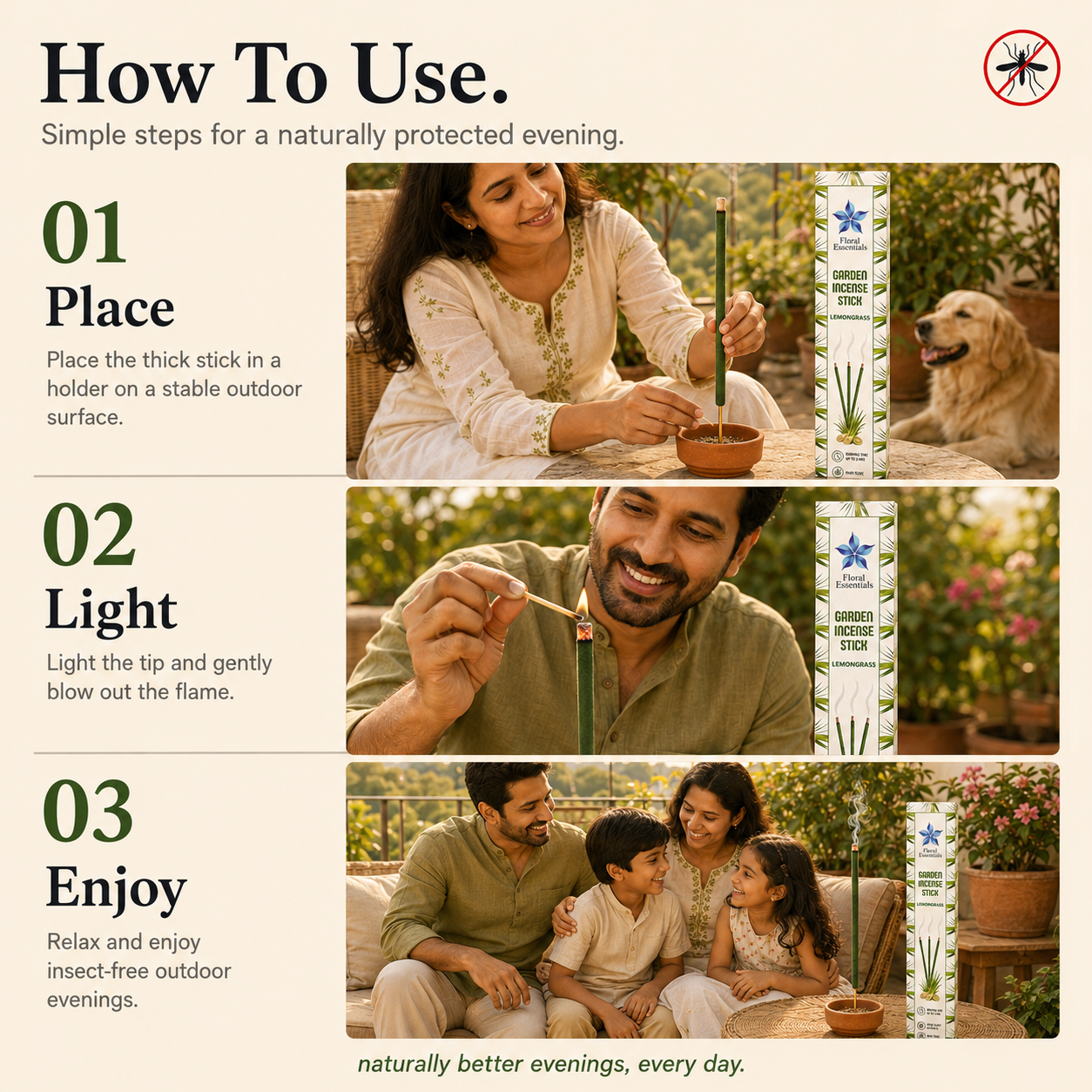 Floral Essentials Lemongrass Mosquito Repellent Incense Sticks | Herbal Outdoor Agarbatti