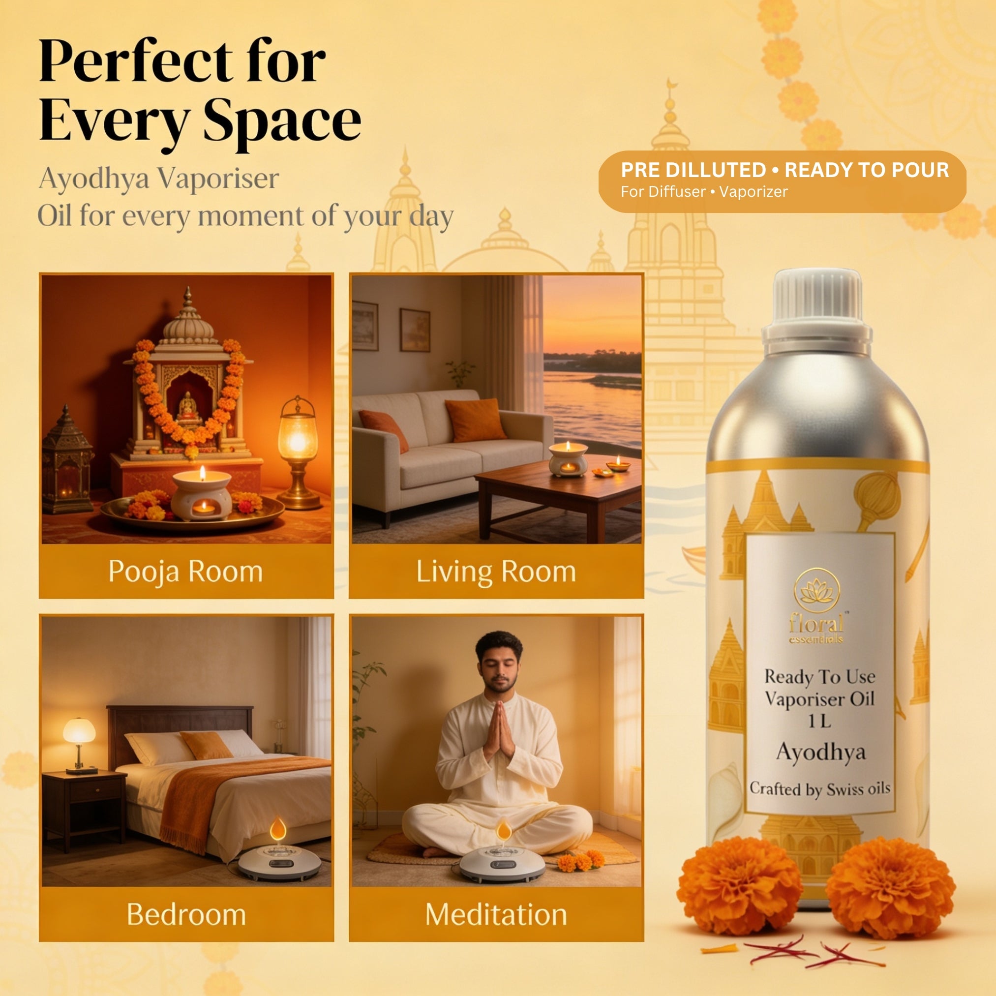 Floral Essentials Ayodhya Vaporiser Oil 1L | Ready to Use Aroma Oil