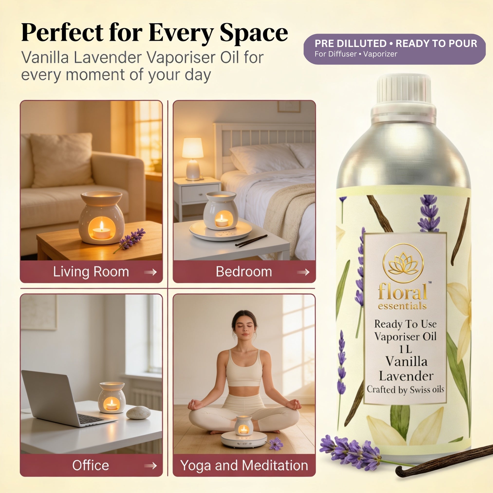 Floral Essentials Vanilla Lavender Vaporiser Oil 1L | Ready to Use Aroma Oil