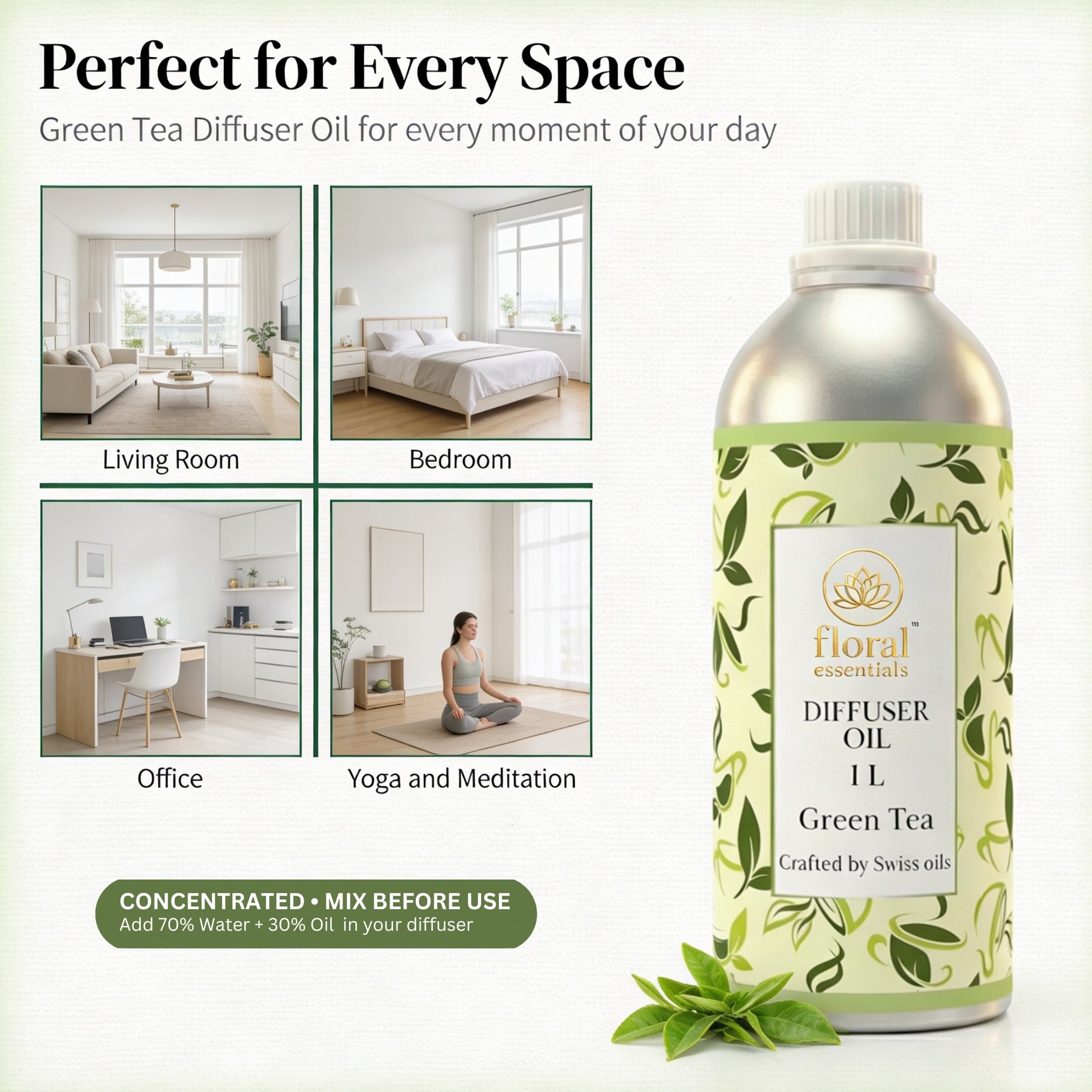 Floral Essentials Green Tea Diffuser Oil 1L | Fresh Herbal Aroma Oil for Diffusers