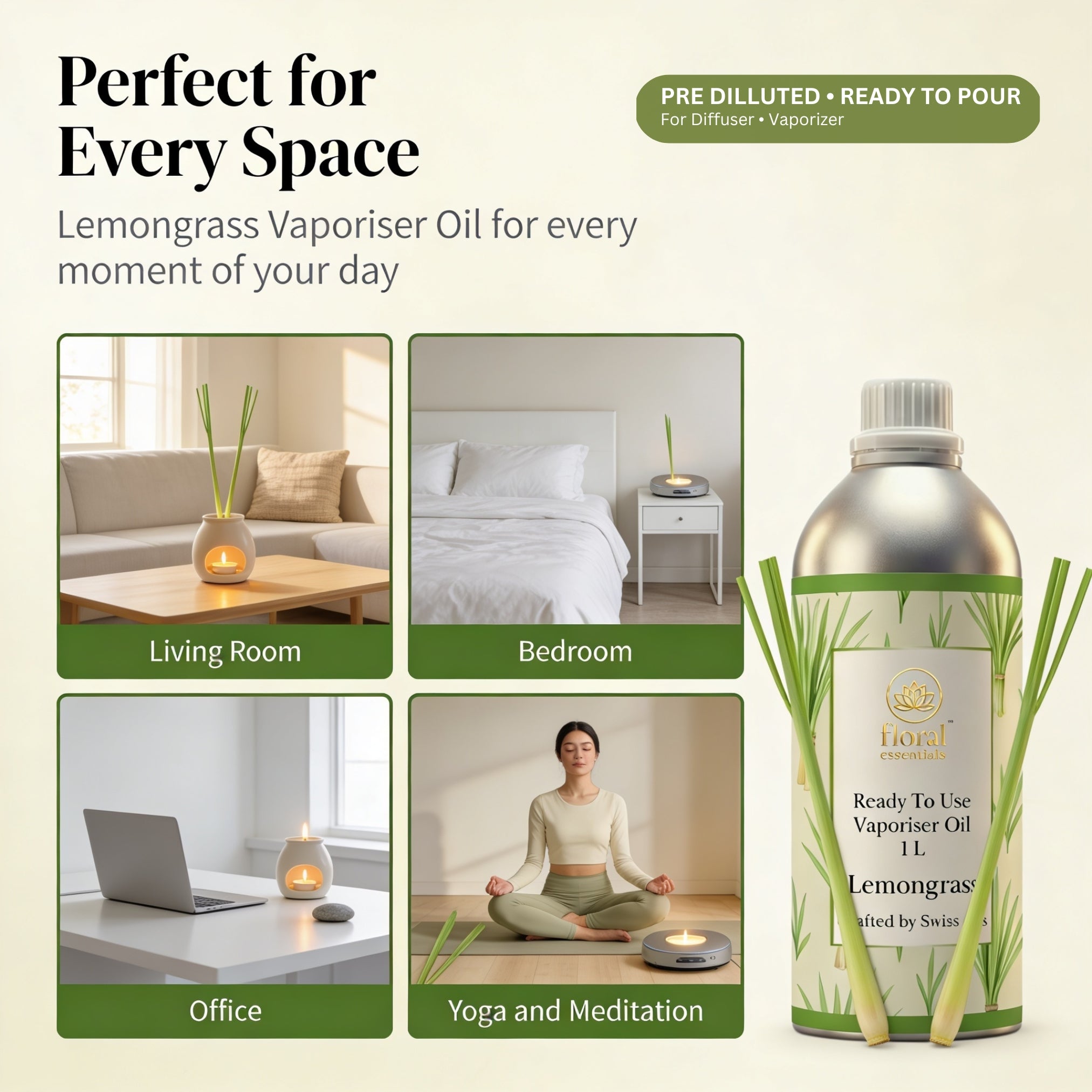 Floral Essentials Lemongrass Vaporiser Oil 1L | Ready to Use Aroma Oil