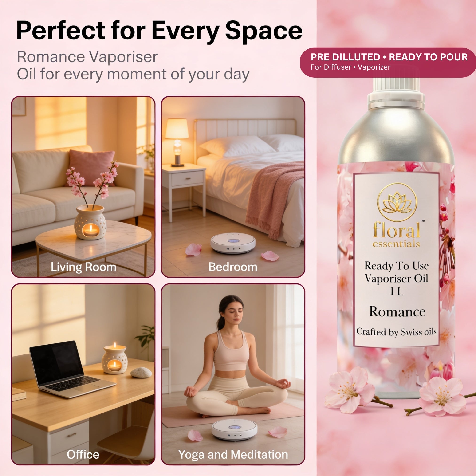 Floral Essentials Romance Vaporiser Oil 1L | Ready to Use Aroma Oil