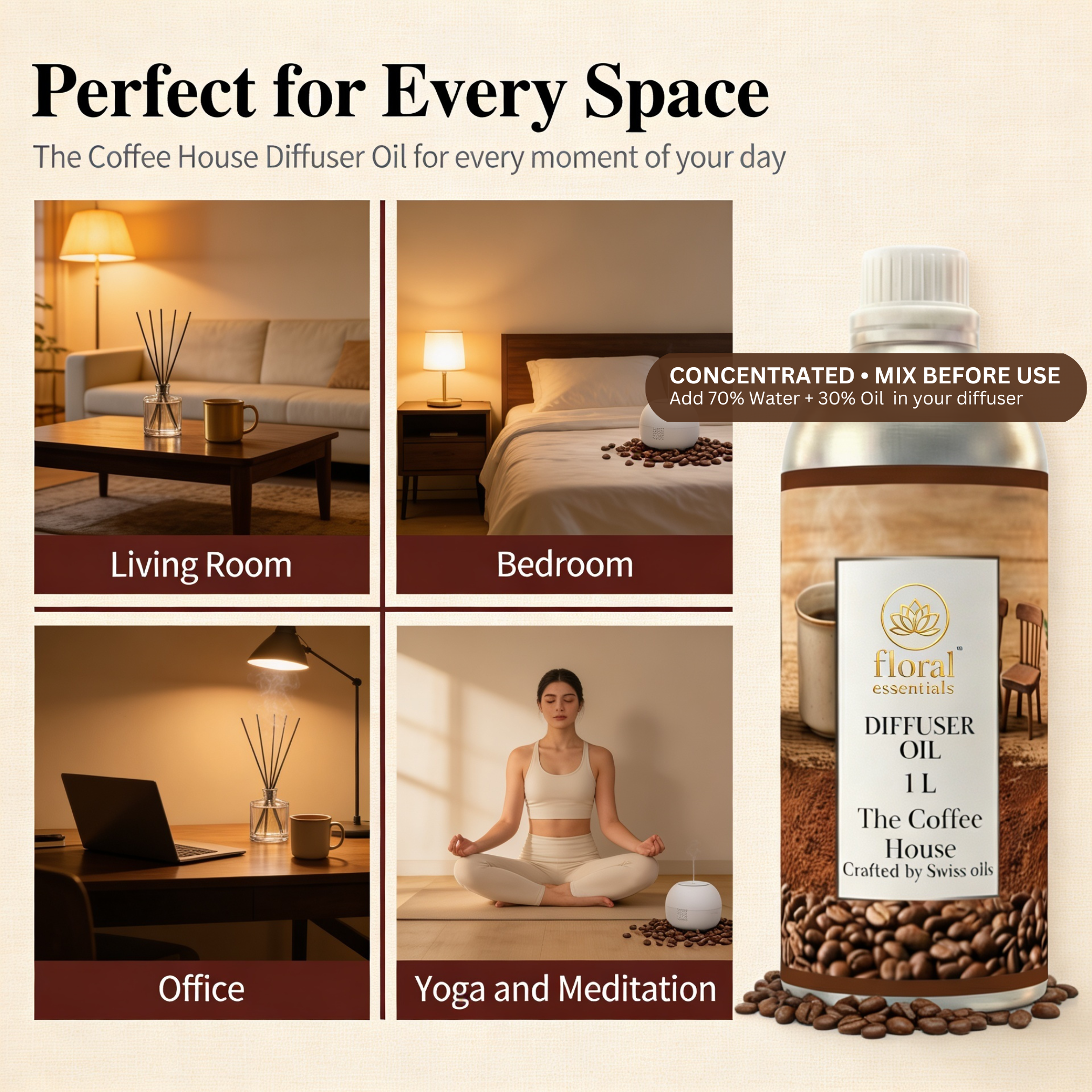 Floral Essentials The Coffee House Diffuser Oil 1L | Warm Coffee Aroma Oil for Diffusers