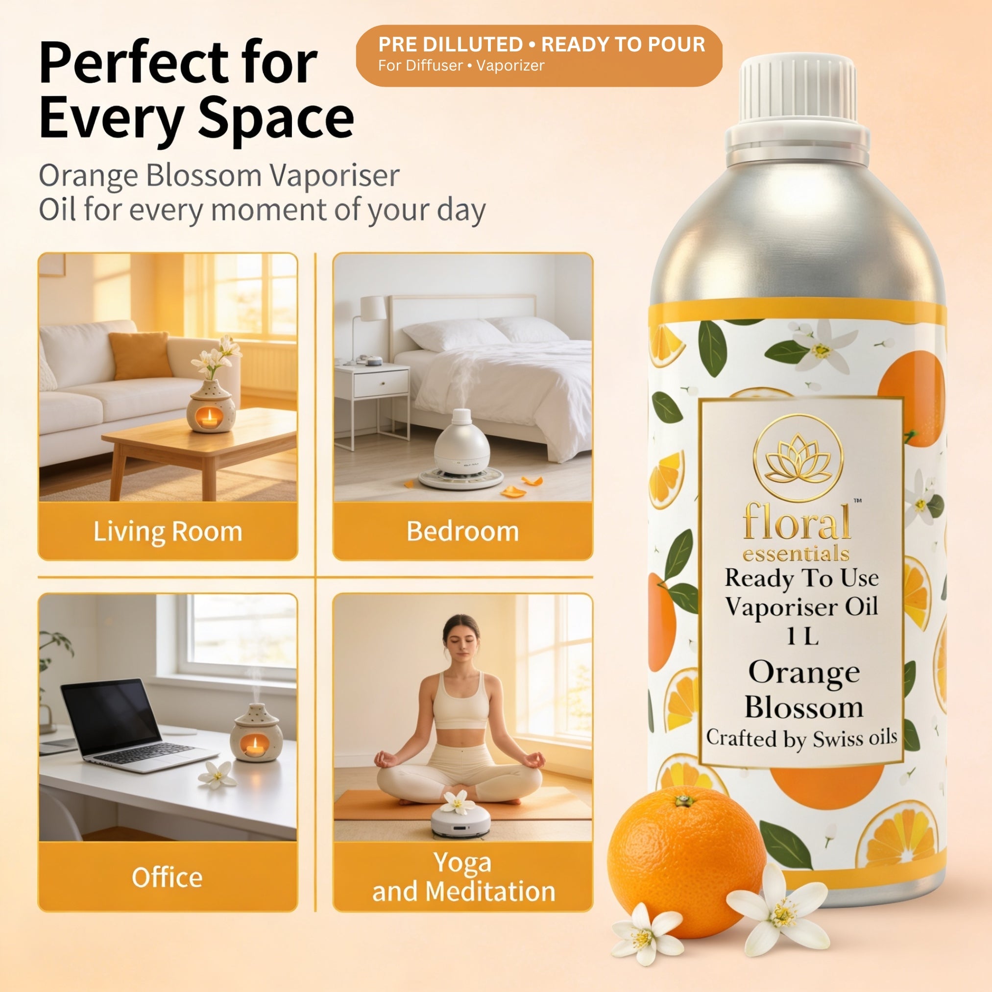 Floral Essentials Orange Blossom Vaporiser Oil 1L | Ready to Use Aroma Oil