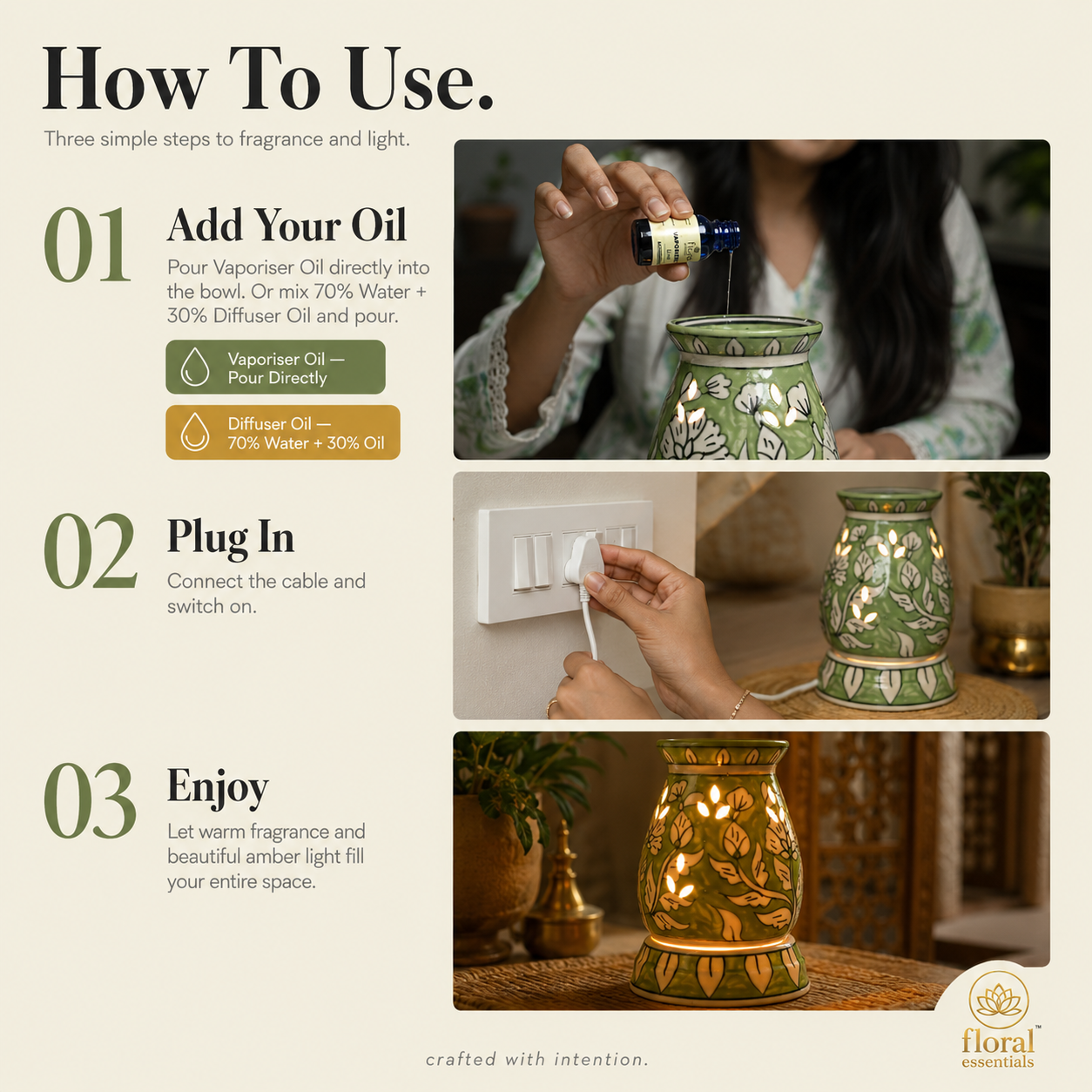 Floral Essentials Ceramic Electric Diffuser | Aroma Oil Burner | Elegant Minimal Design