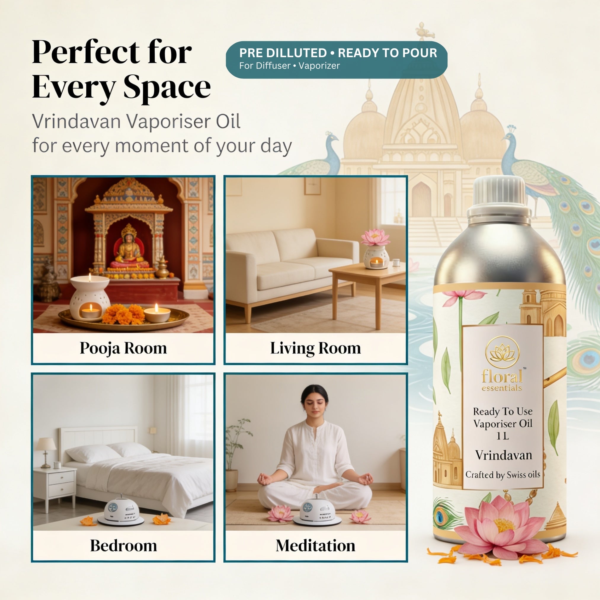 Floral Essentials Vrindavan Vaporiser Oil 1L | Ready to Use Aroma Oil