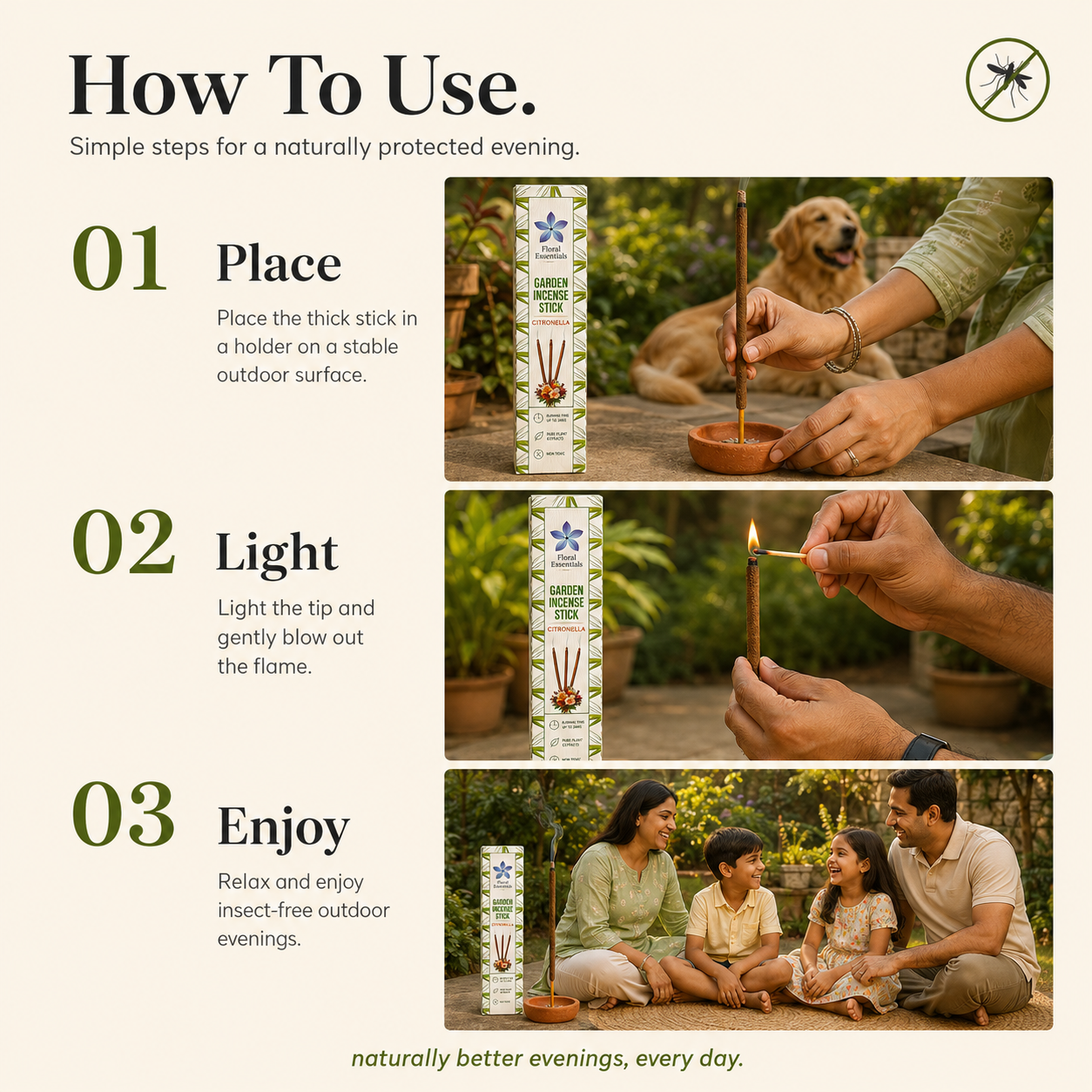 Floral Essentials Citronella Mosquito Repellent Agarbatti | Herbal Outdoor Incense Sticks