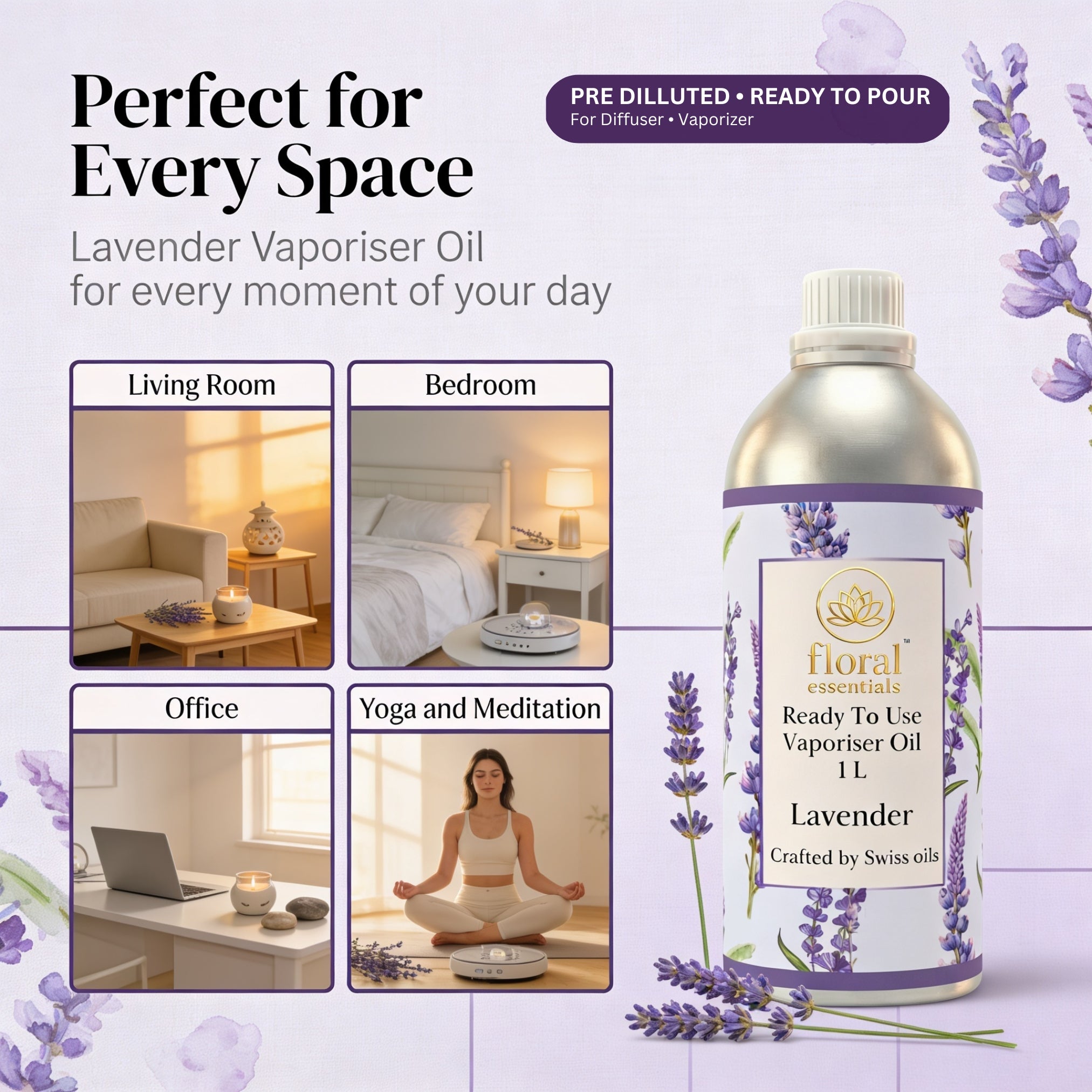 Floral Essentials Lavender Vaporiser Oil 1L | Ready to Use Aroma Oil