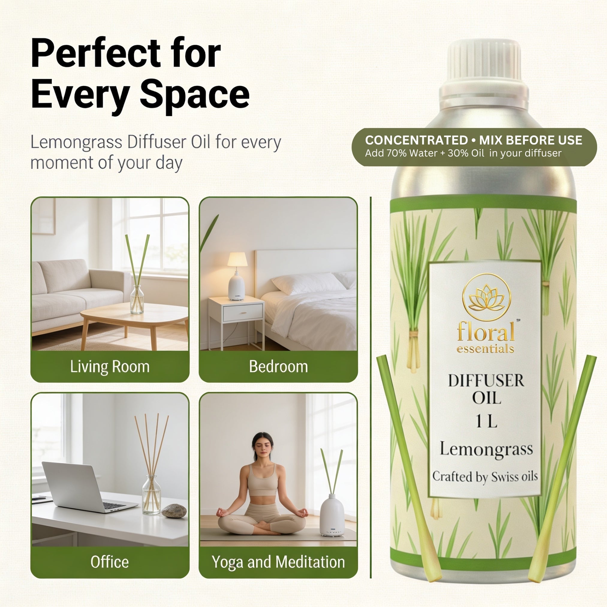 Floral Essentials Lemongrass Diffuser Oil 1L | Premium Aroma Oil for Electric Diffusers & Humidifiers