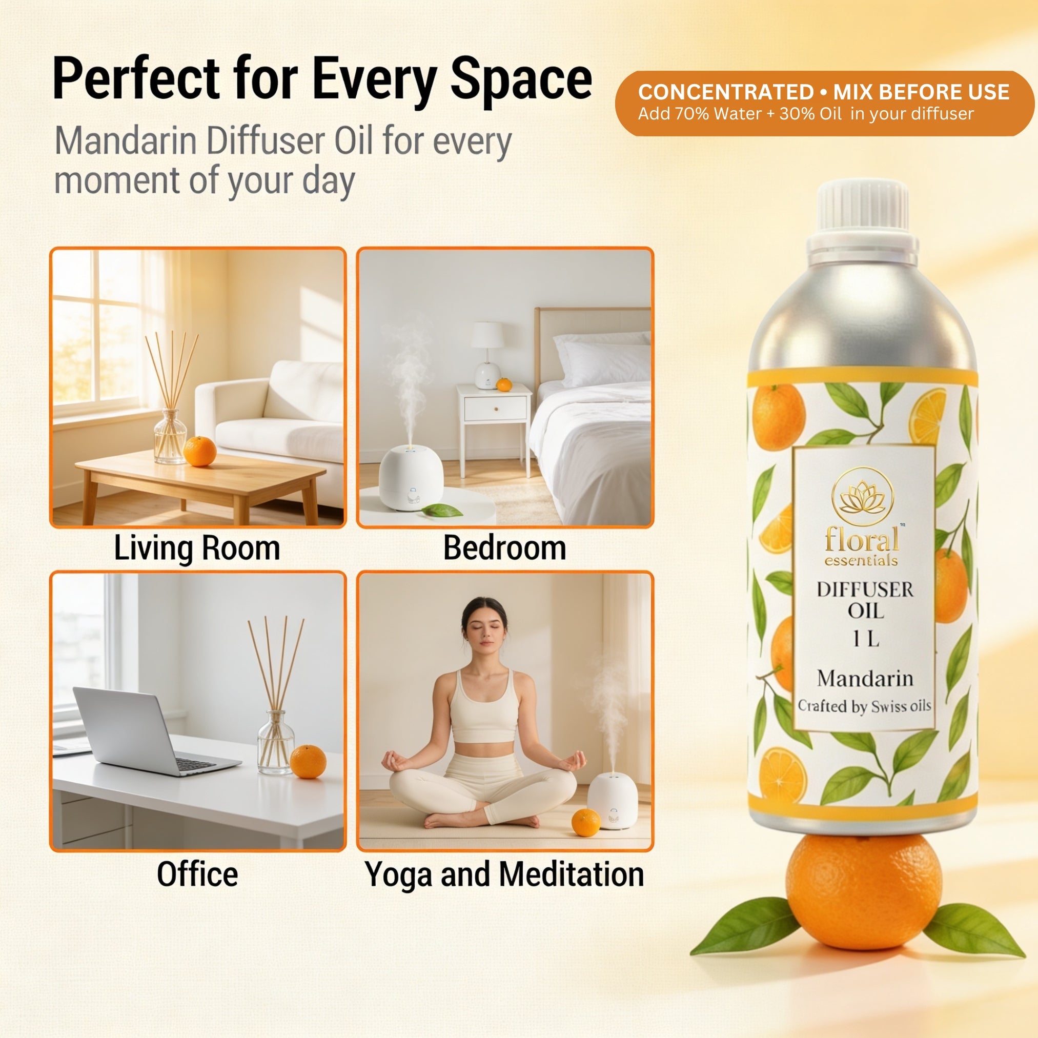 Floral Essentials Mandarin Diffuser Oil 1L | Bright Citrus Aroma Oil for Diffusers