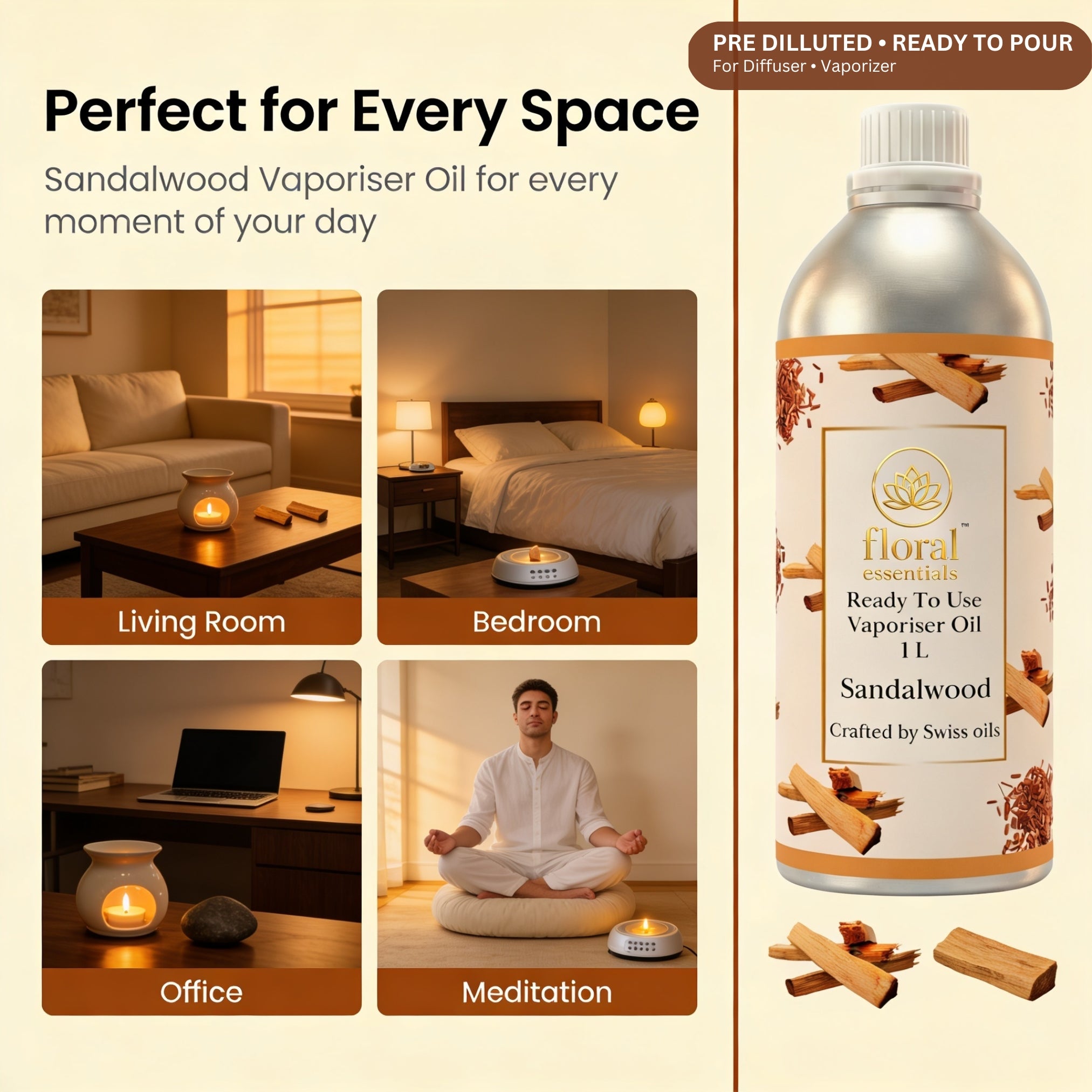 Floral Essentials Sandalwood Vaporiser Oil 1L | Ready to Use Aroma Oil
